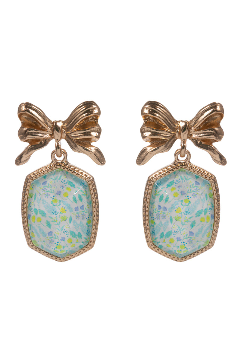 Gold Bow Post with Blue Floral Elongated Hexagon Earring