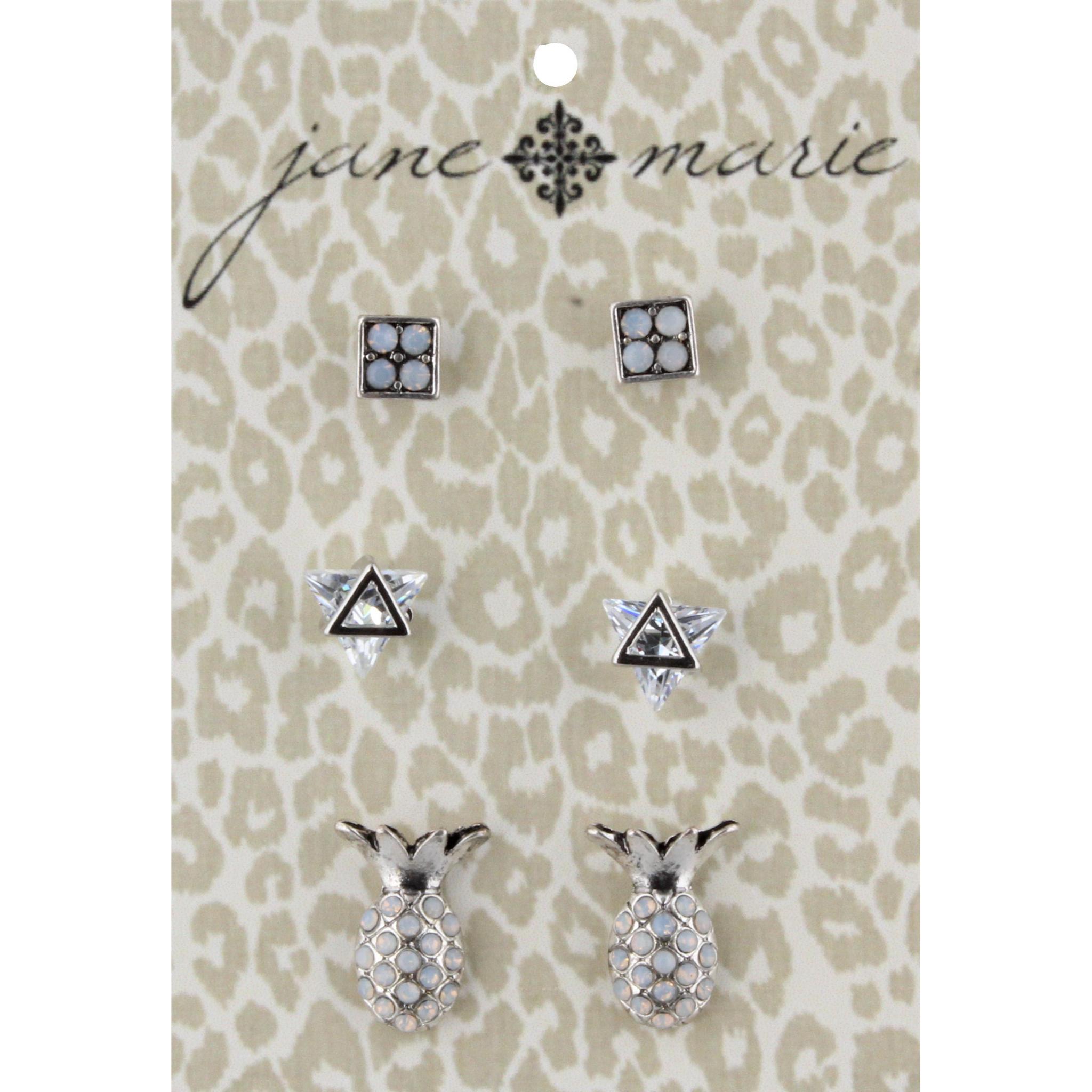 Moonstone Studded Silver Square, Diamond Silver Triangle, and Silver Moonstone Pineapple Stud Earring Set