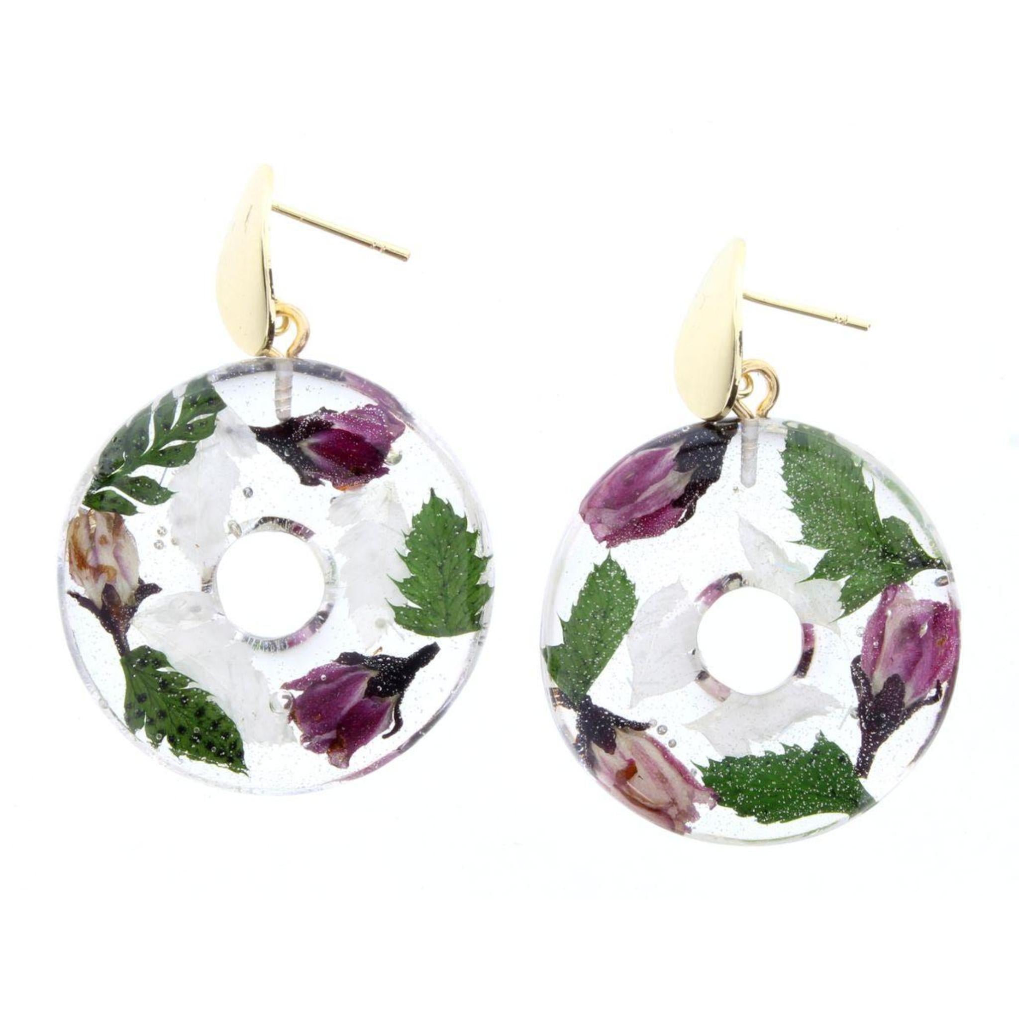 Plum Flowers & Greenery in Resin Circle Post Earring