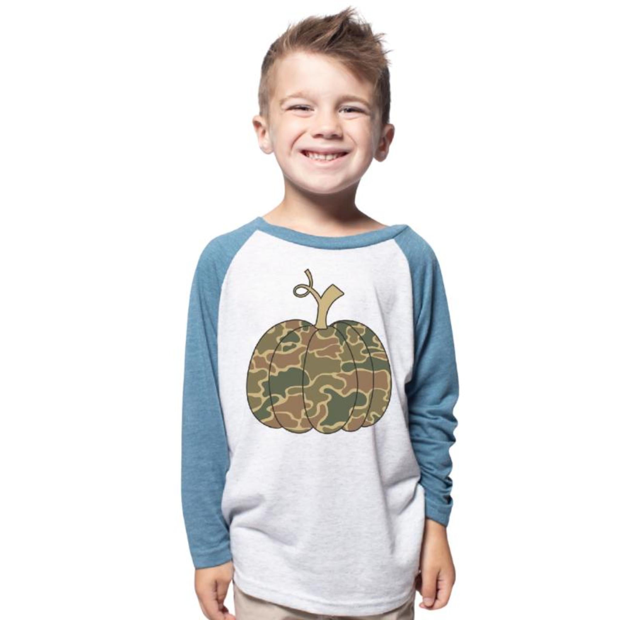 Kids Camo Pumpkin Crew Neck 3/4 Sleeve T-Shirt Assortment, Display Package