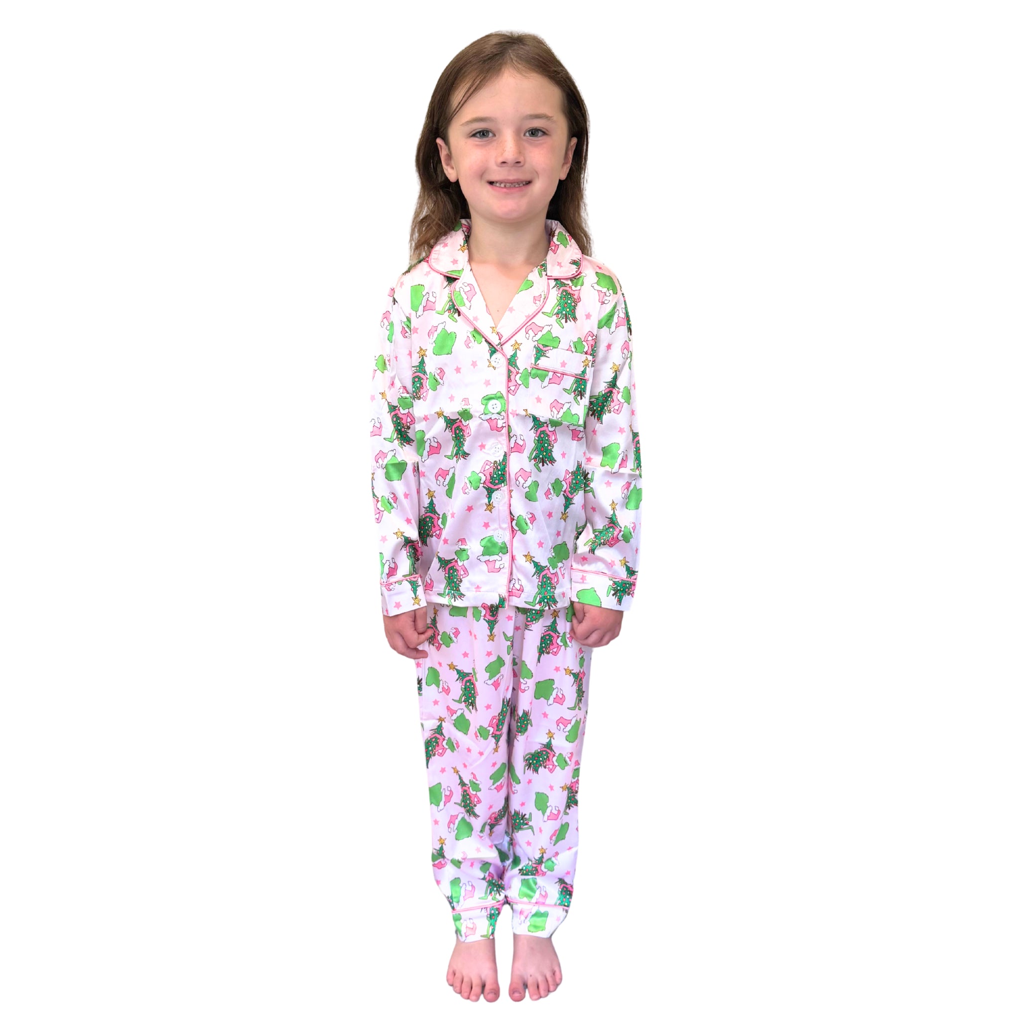 Kids Pink Merry Mischief Satin Pajama Long Sleeve Set Assortment, No Display Package