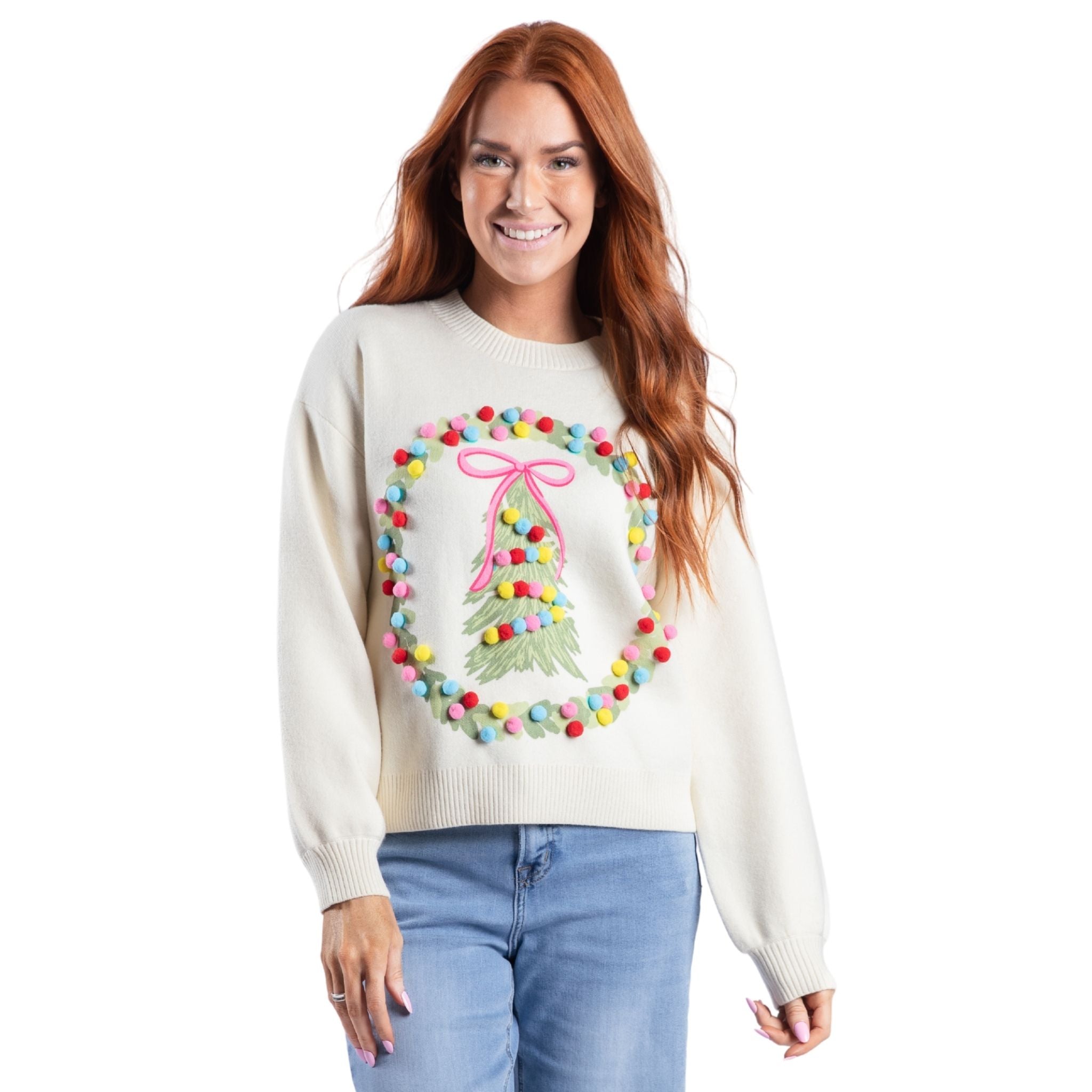 Pink Christmas Cheer Cream Crew Neck Sweater Assortment, Display Package