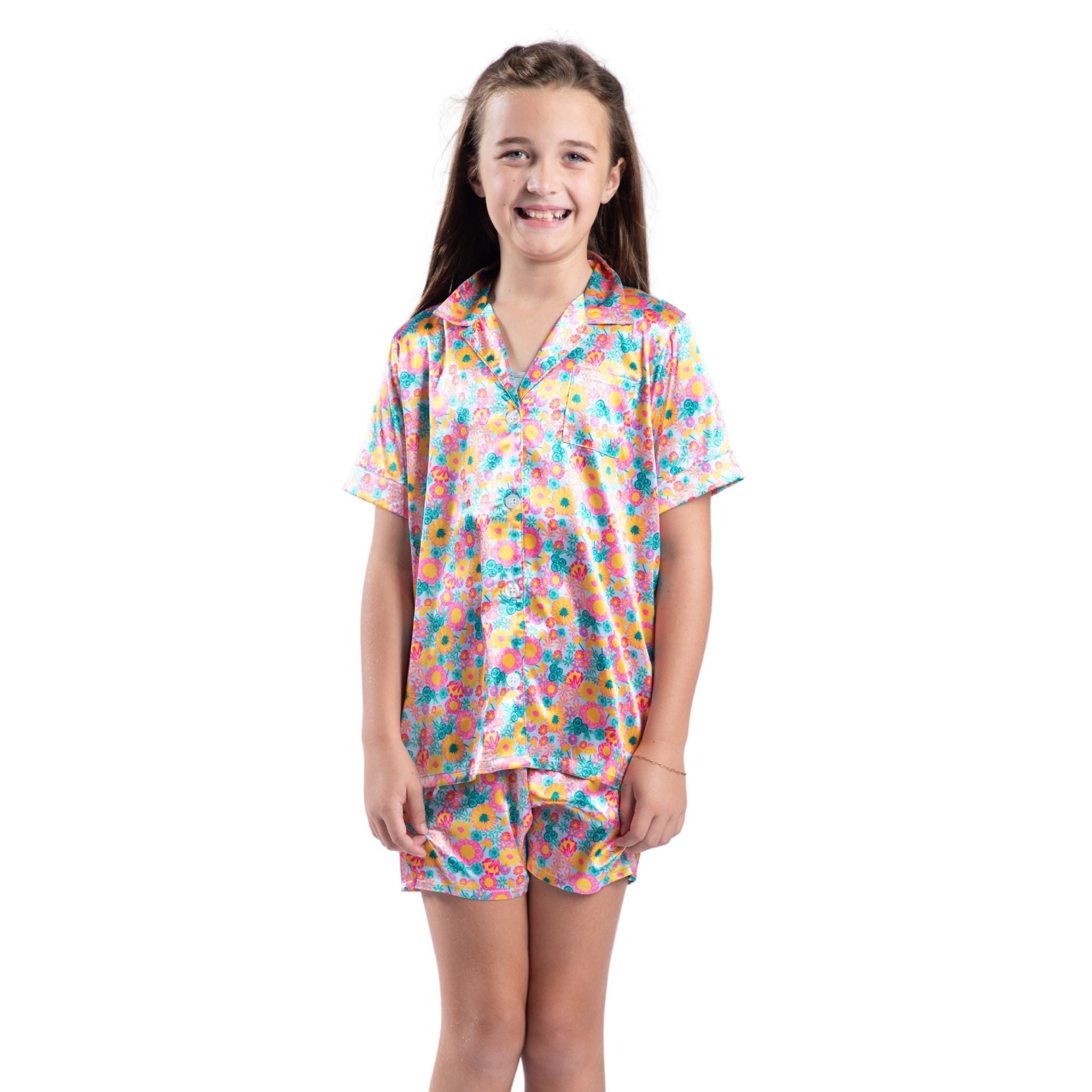 Kids Bold Floral Satin Pajama Short Set Assortment, No Display Package