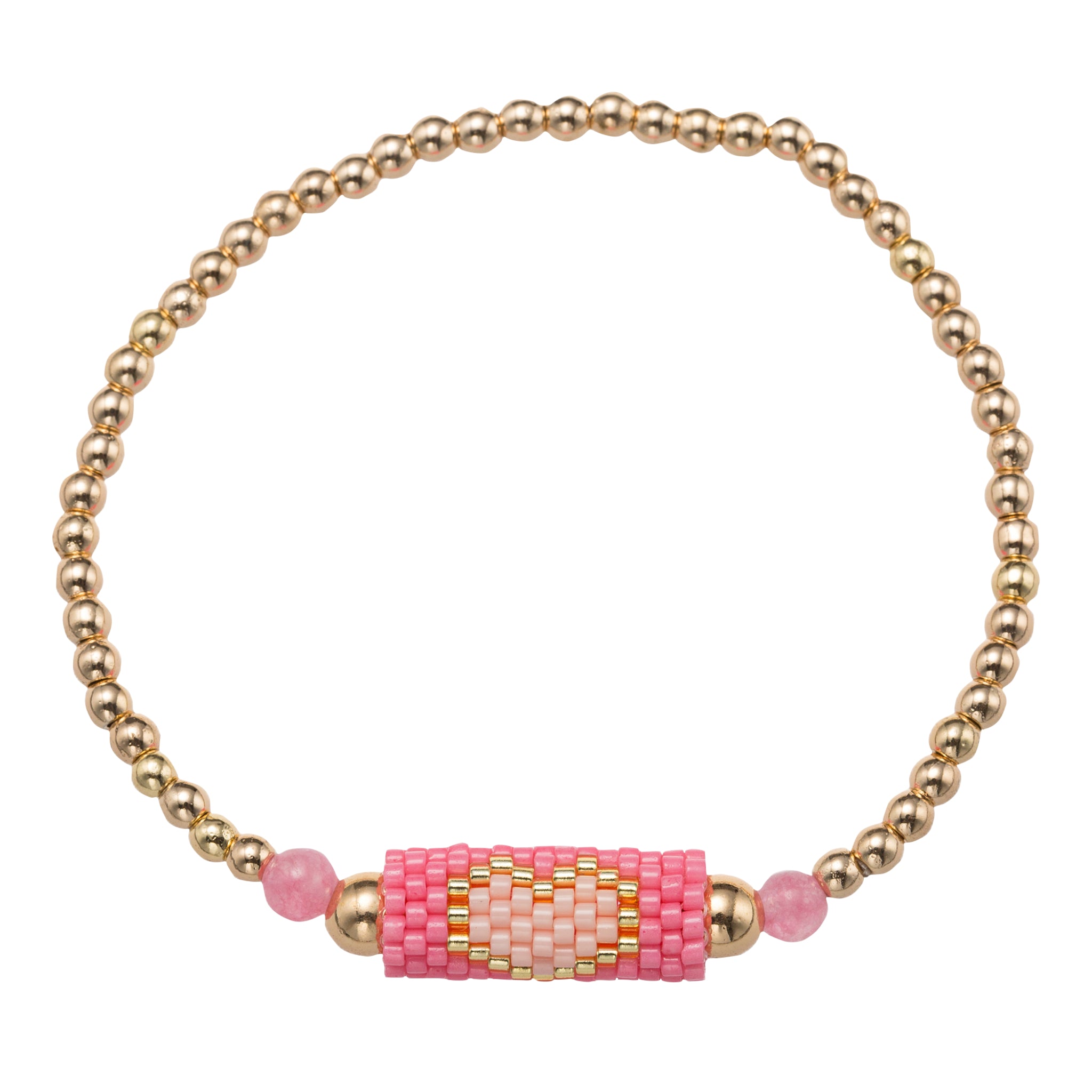 Kids Gold Beaded Bracelet with Pink Sead Bead Cylinder Heart