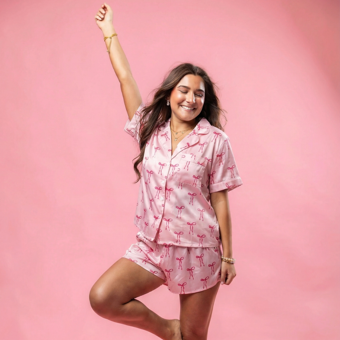 Tied with a Bow Pink Satin Pajama Short Set