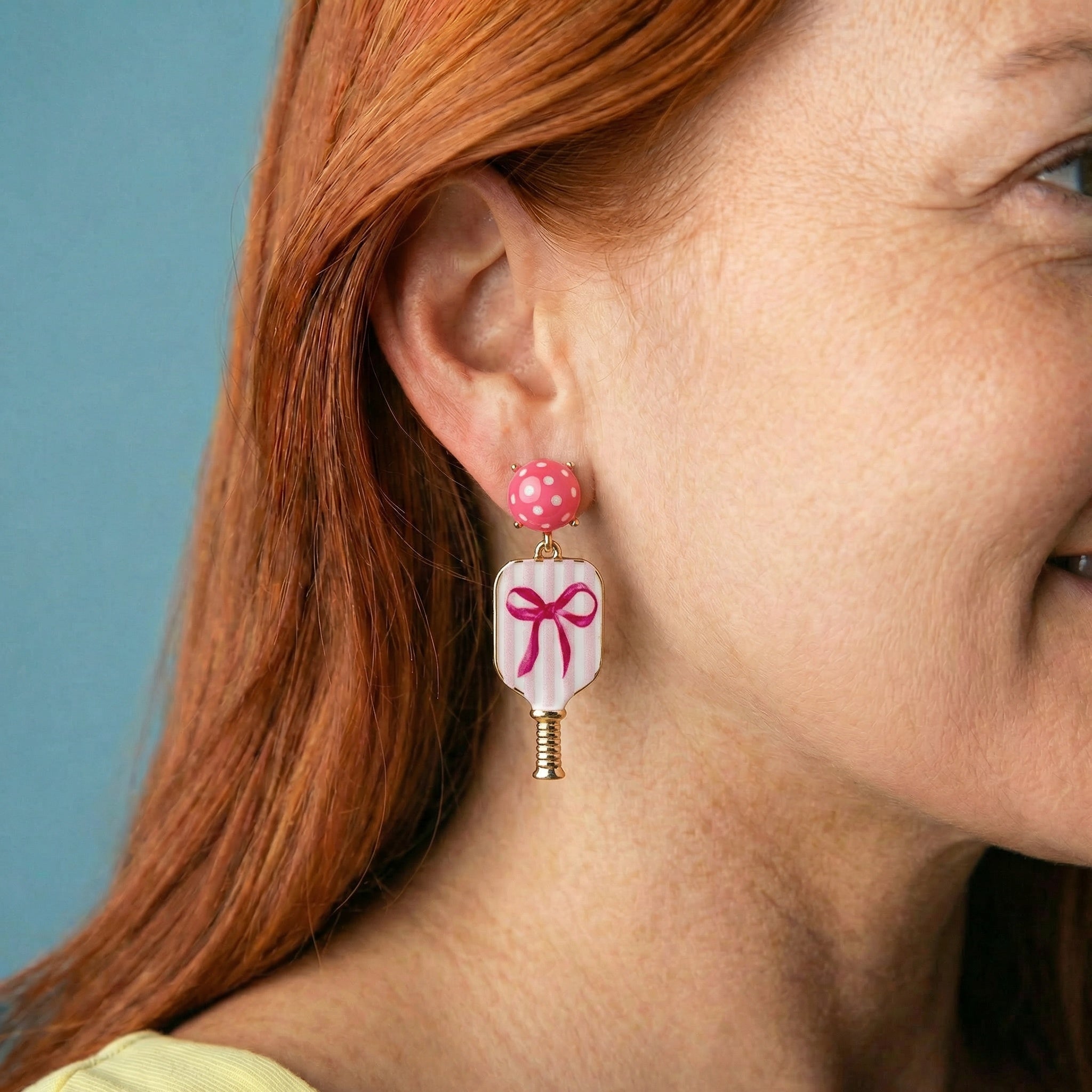 White, Pink, Gold Striped Pickleball Paddle Earrings with Bow Post