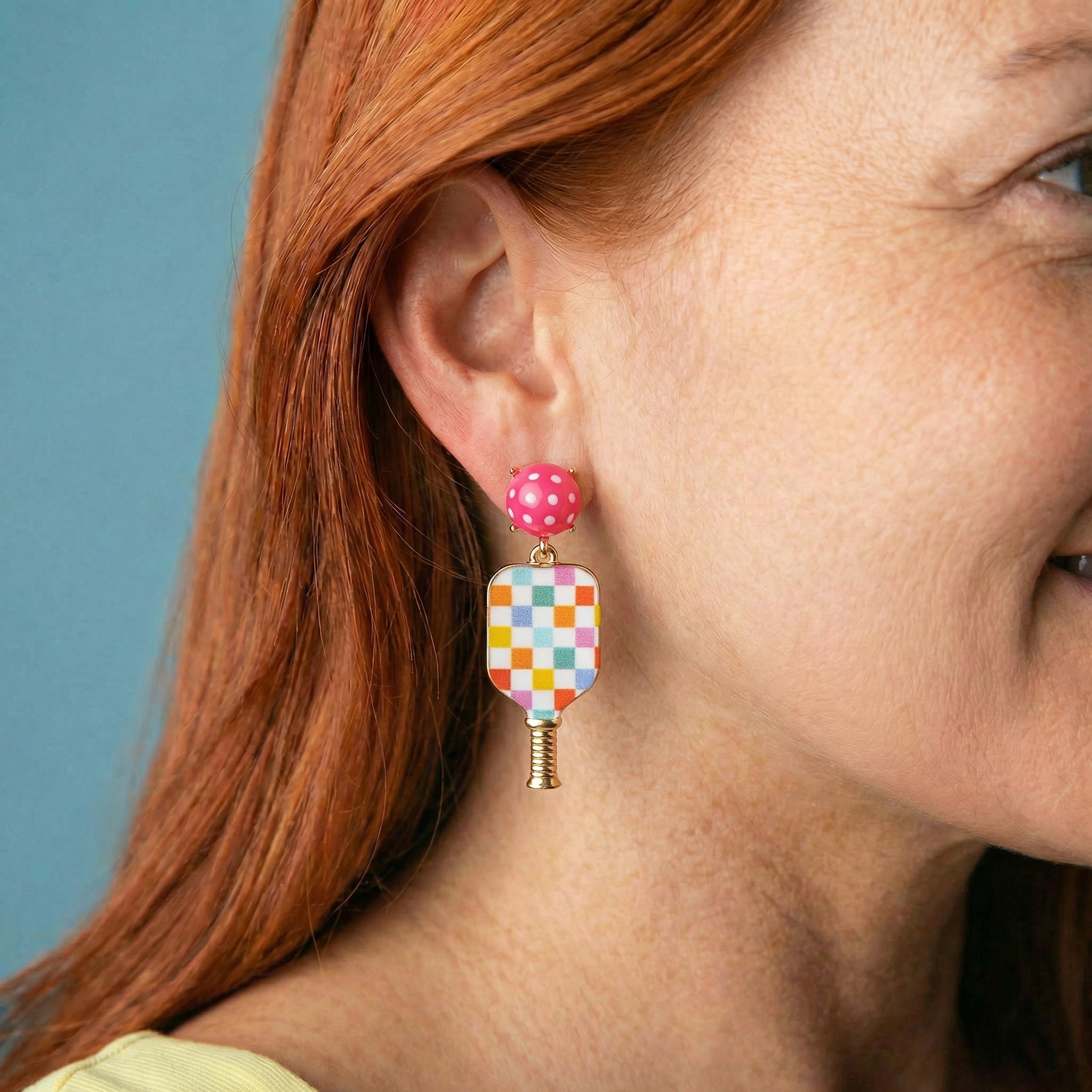 Checkered Print Multi, Gold Pickleball Paddle Earrings