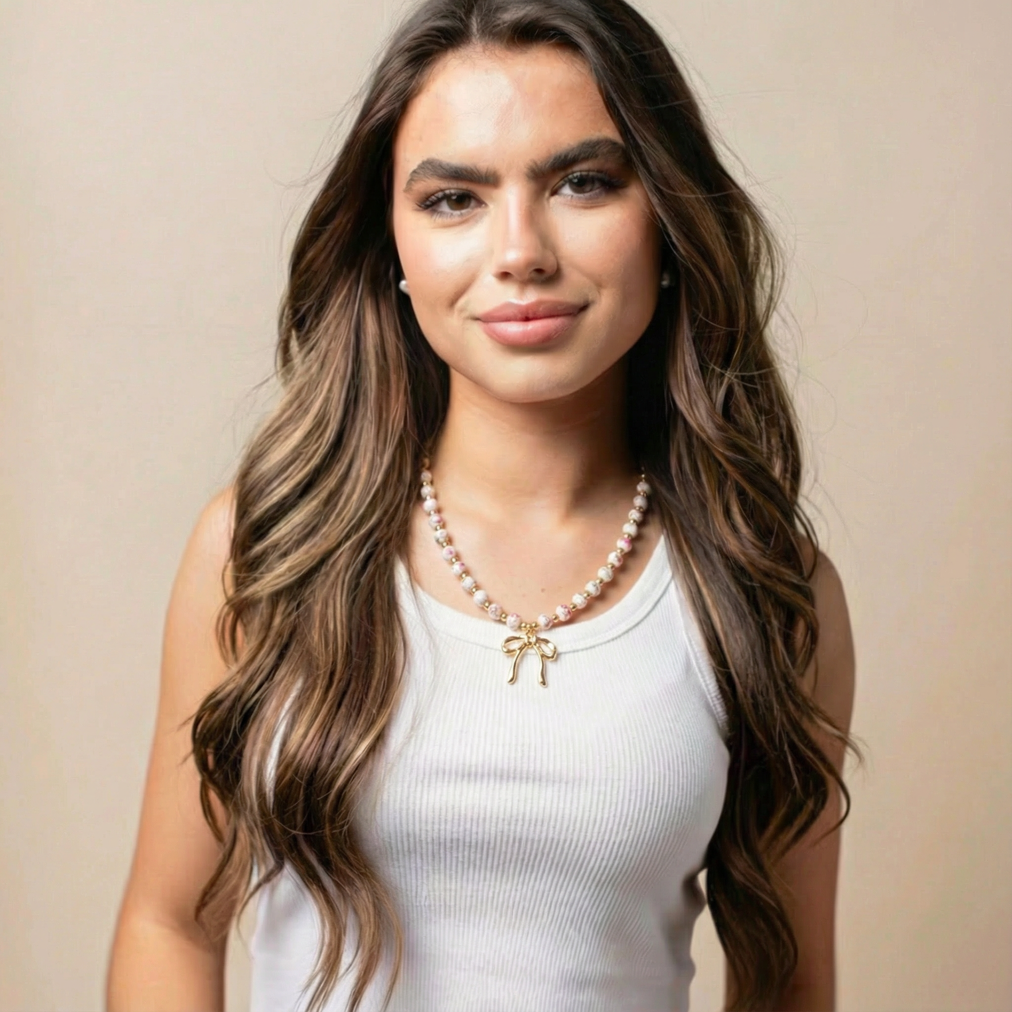 Half Pink Floral Beaded with Bow O Chain Necklace