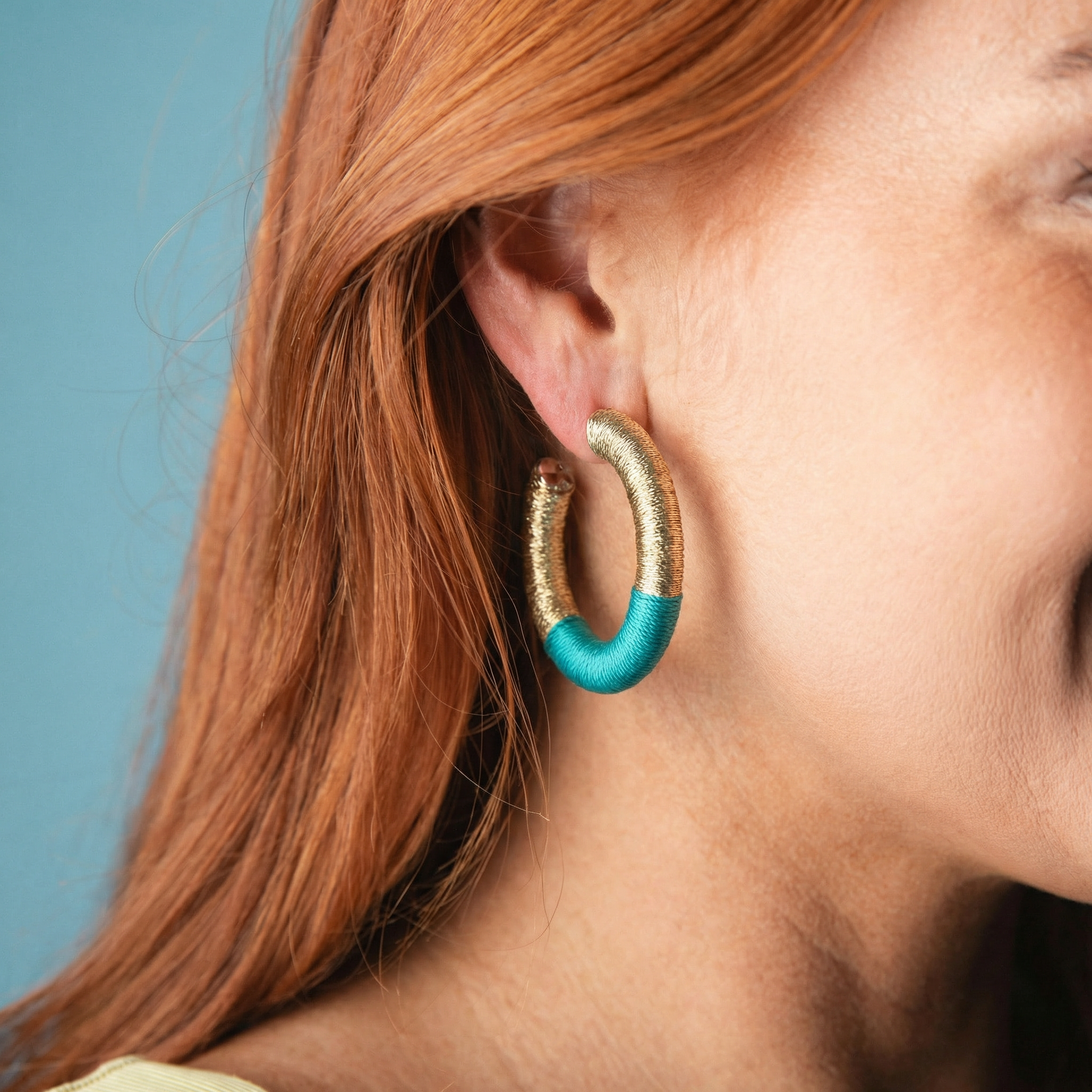 Gold, Teal Thread Hoop Earring
