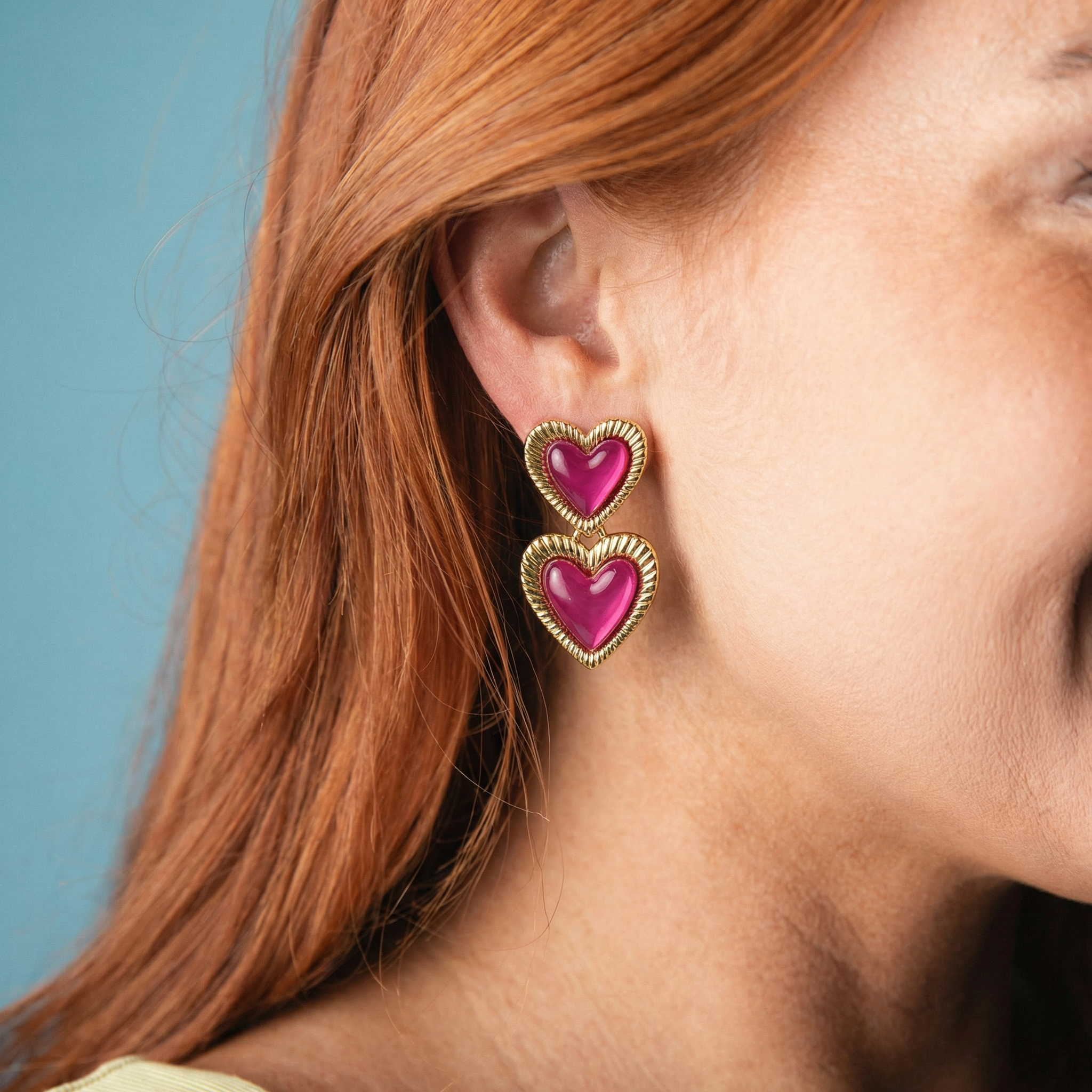 Gold Hearts Earring with Pink Centers