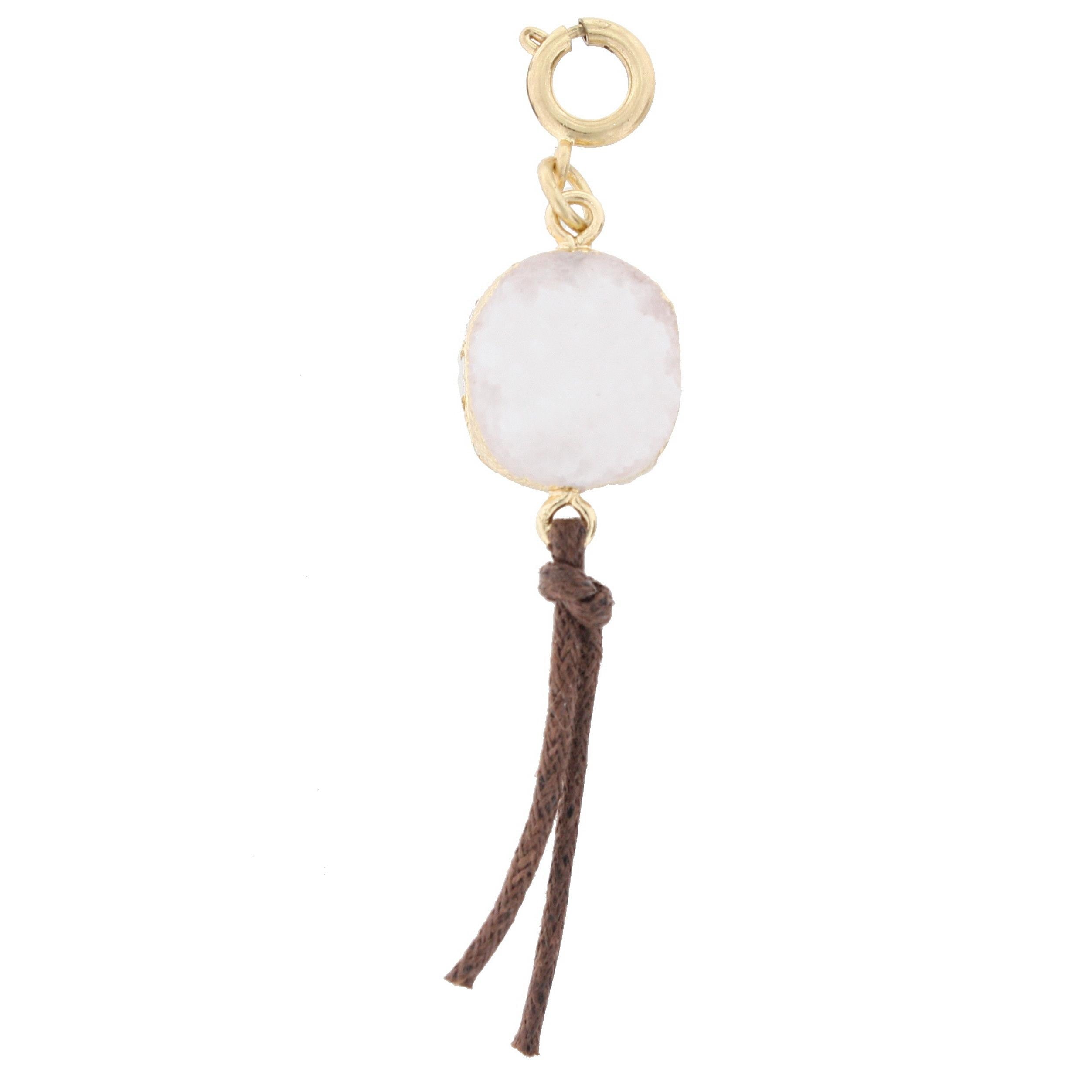 White Druzy Charm with Leather Tassel Charm