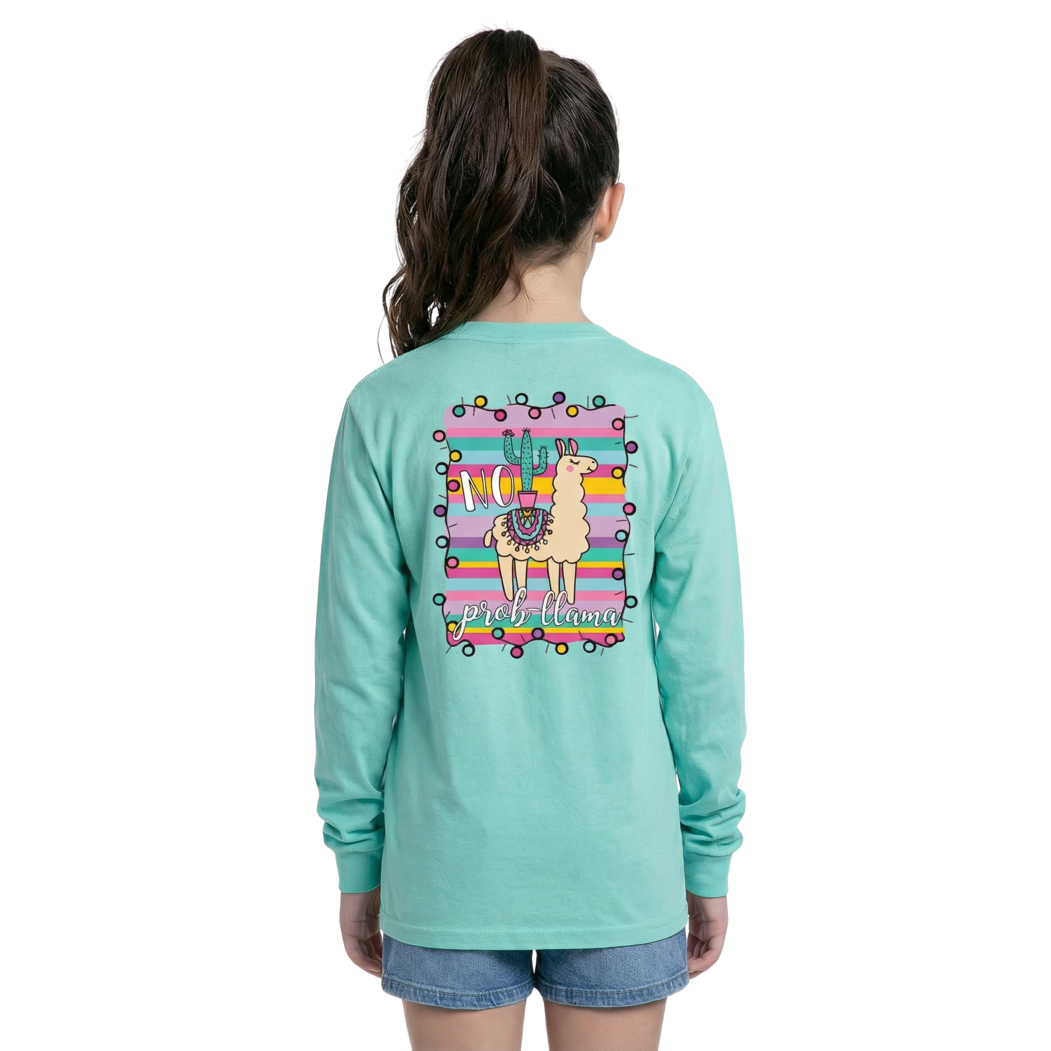 Kids No Probllama Long Sleeve T-Shirt - Seafoam Crew Neck Cotton Tee