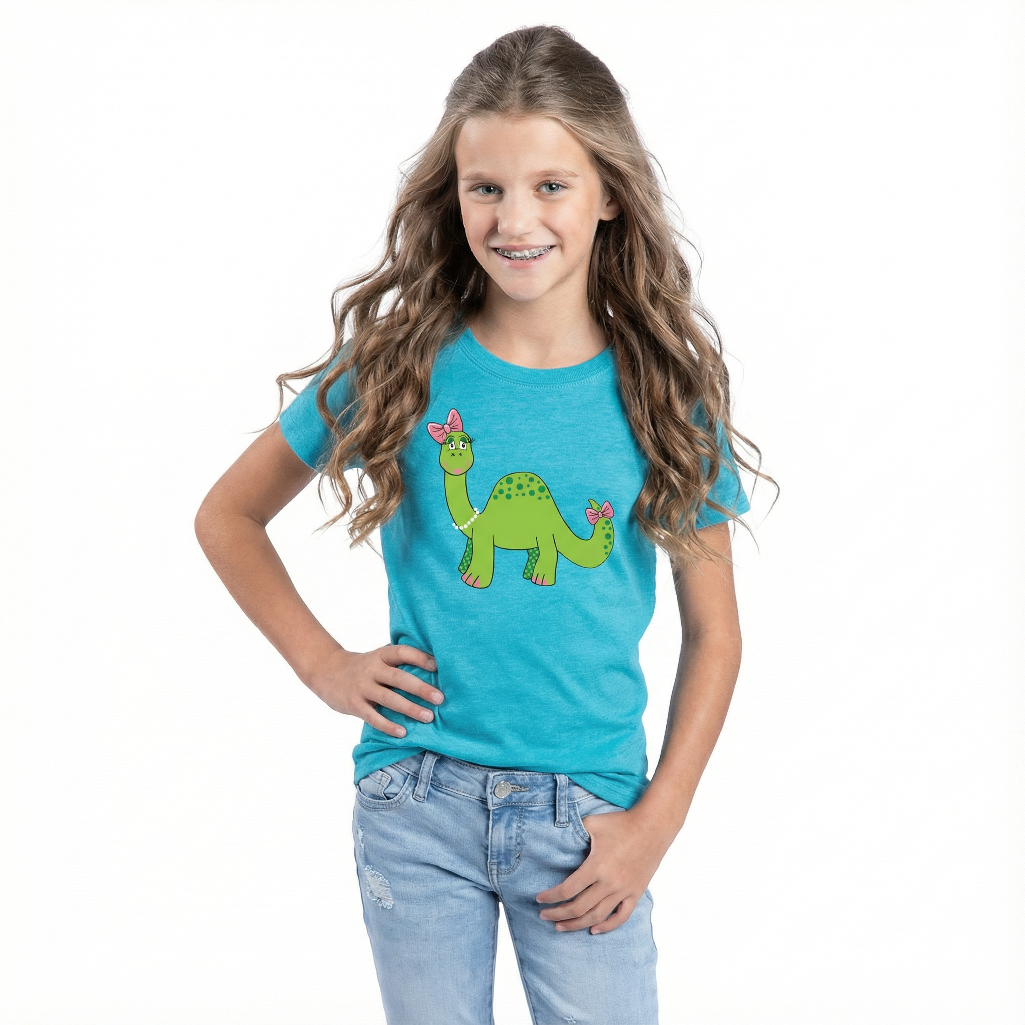 Kids Dinosaur T-Shirt - Bondi Blue Crew Neck Tee for Girls