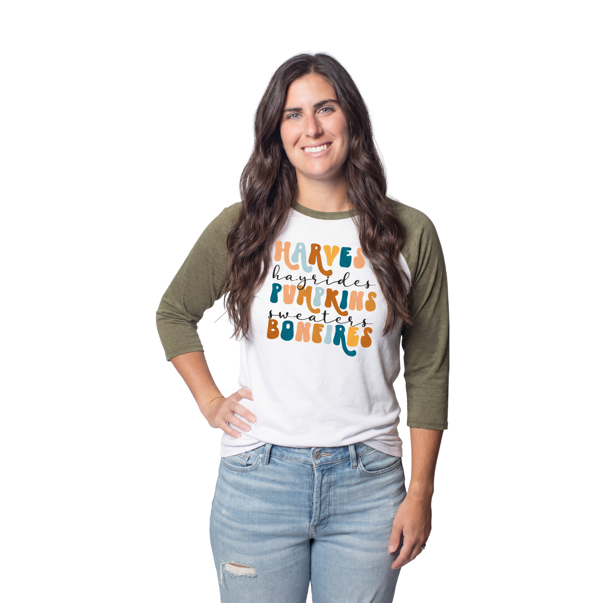 Harvest, Hayrides, Pumpkins, Sweaters, Bonfires  3/4 Sleeve T-Shirt