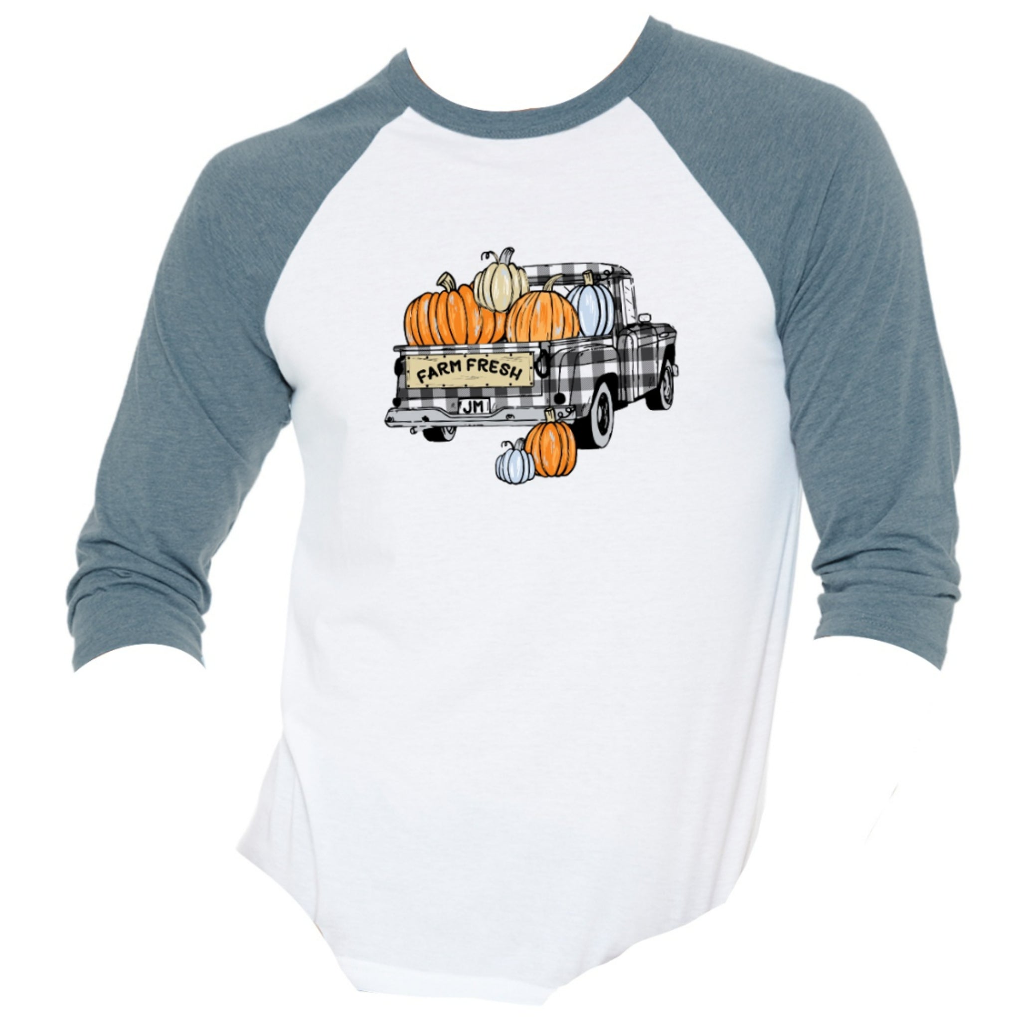 Kids Buffalo Plaid Truck with Pumpkins 3/4 Sleeve T-Shirt L