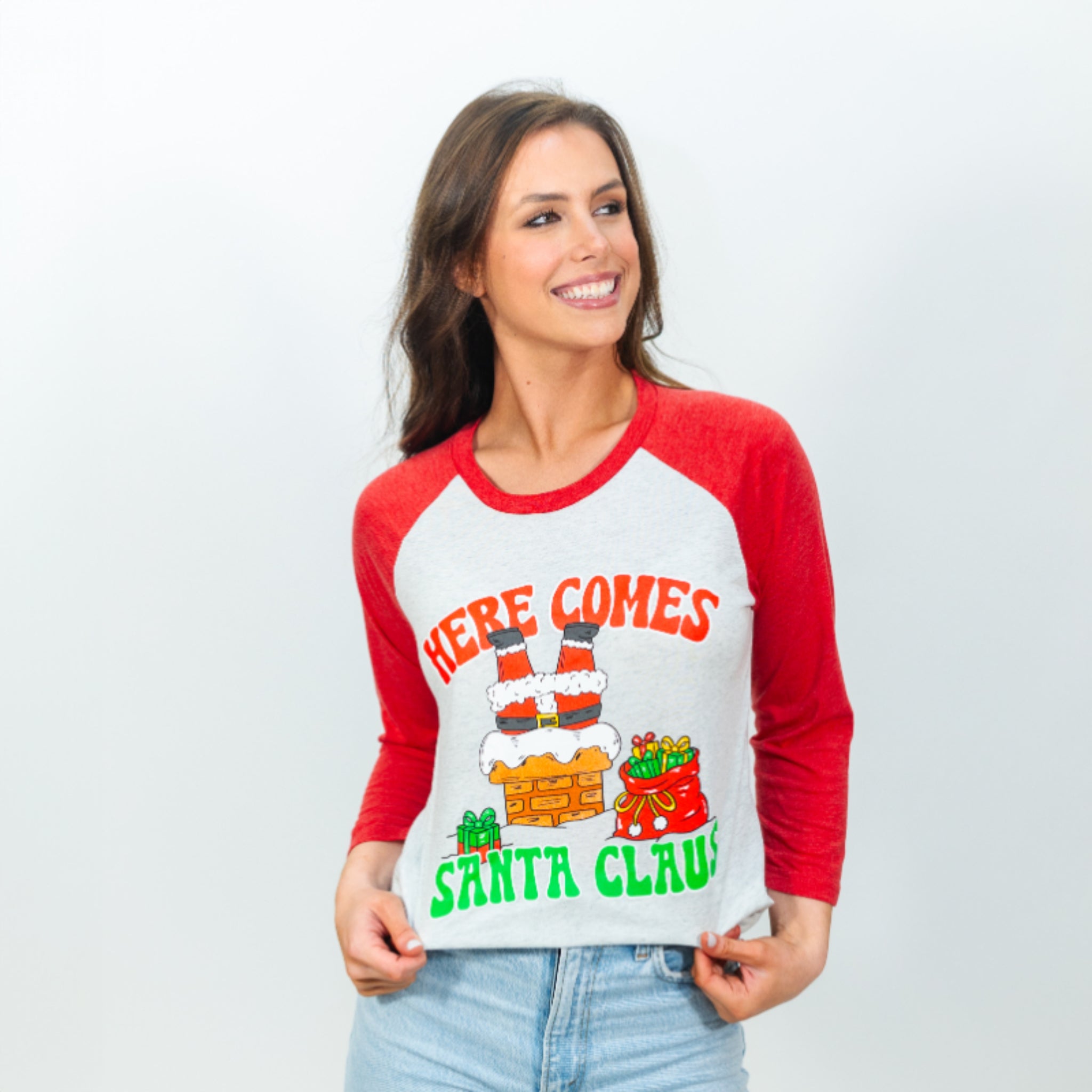 Here Comes Santa Claus Crew Neck 3/4 Sleeve T-Shirt S