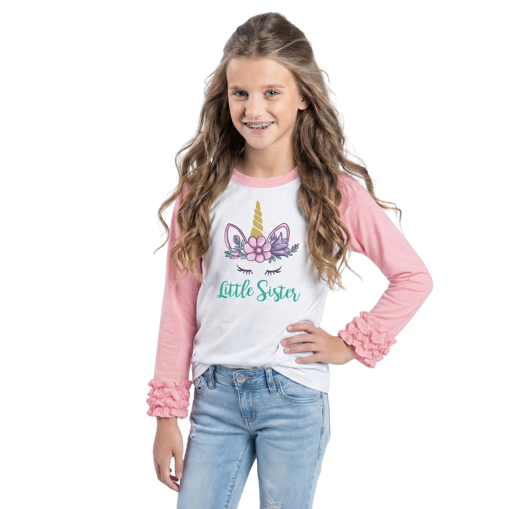 Kids Little Sister Unicorn 3/4 Sleeve T-Shirt - Pink Ruffle & White