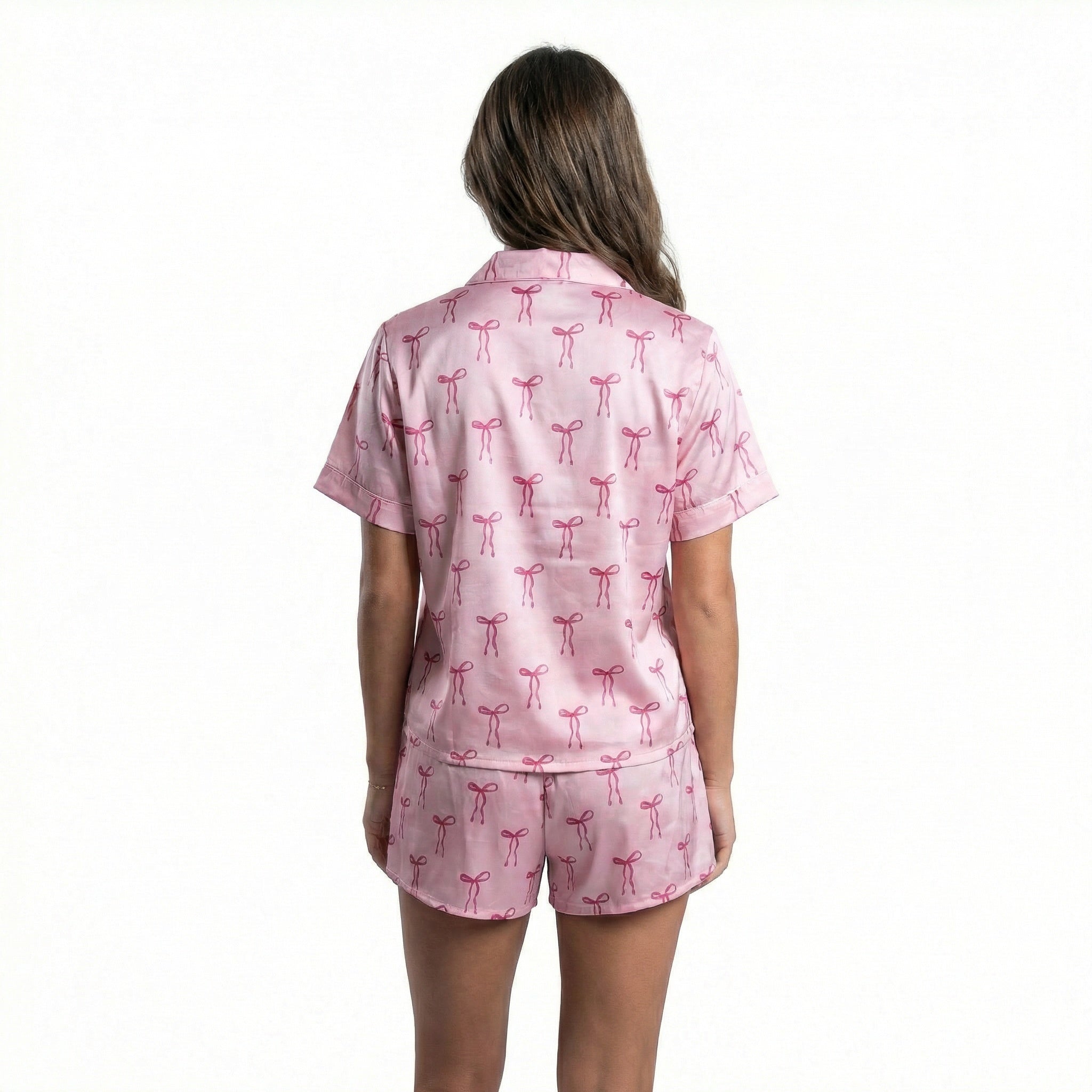 Tied with a Bow Pink Satin Pajama Short Set