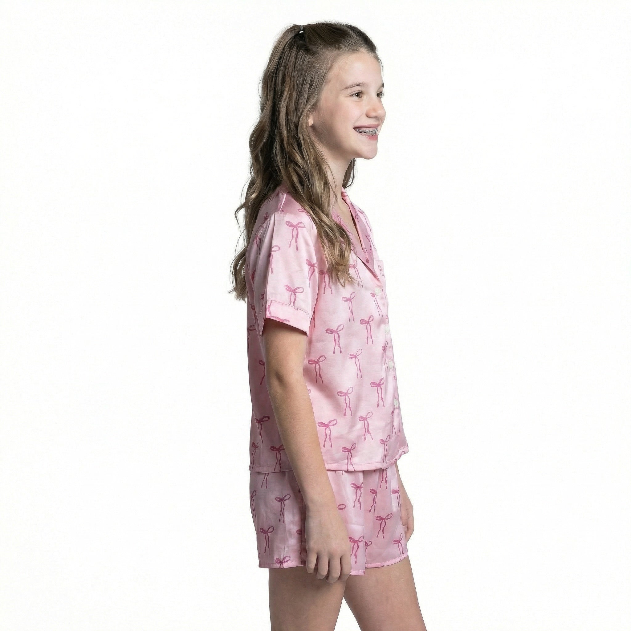 Kids Tied with a Bow Pink Satin Pajama Short Set