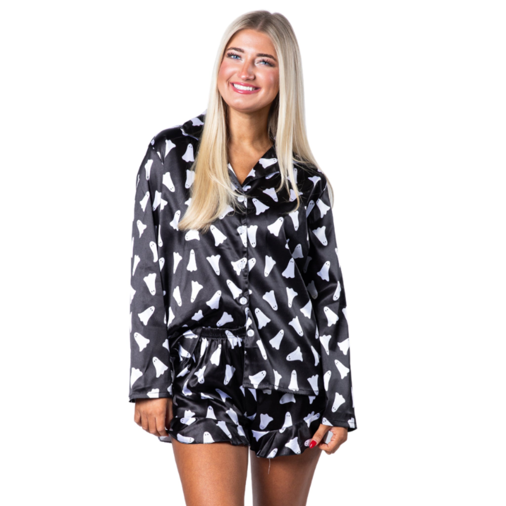 Boo! Satin Pajama Long Sleeve Short Set