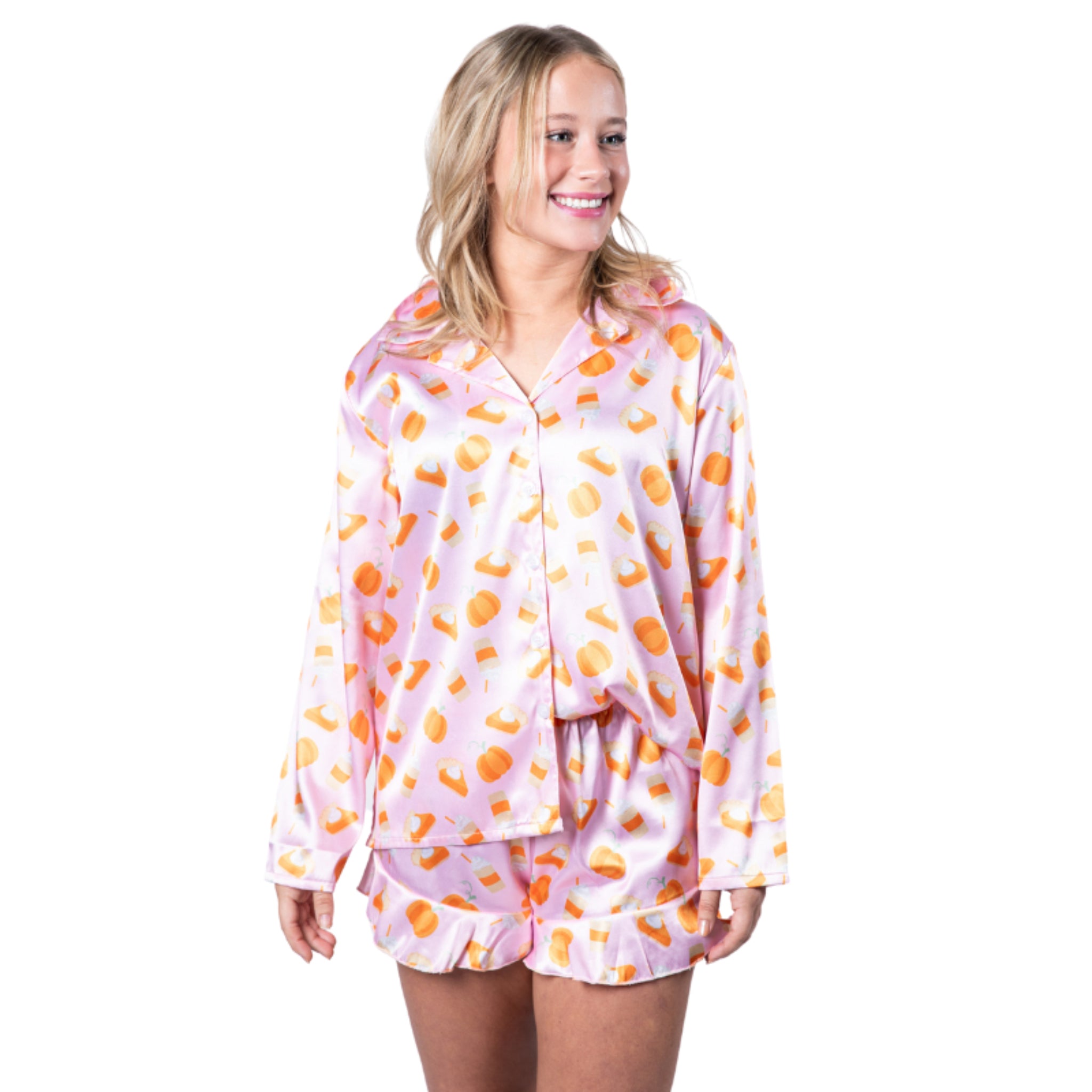Pumpkin Pie Satin Pajama Long Sleeve Short Set