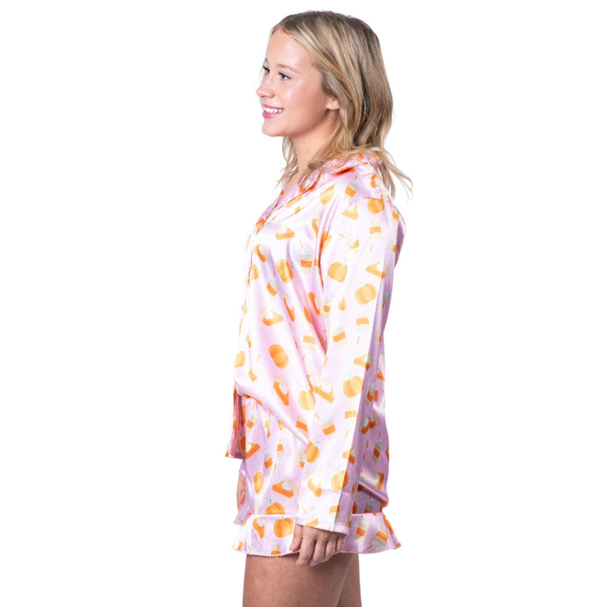 Pumpkin Pie Satin Pajama Long Sleeve Short Set