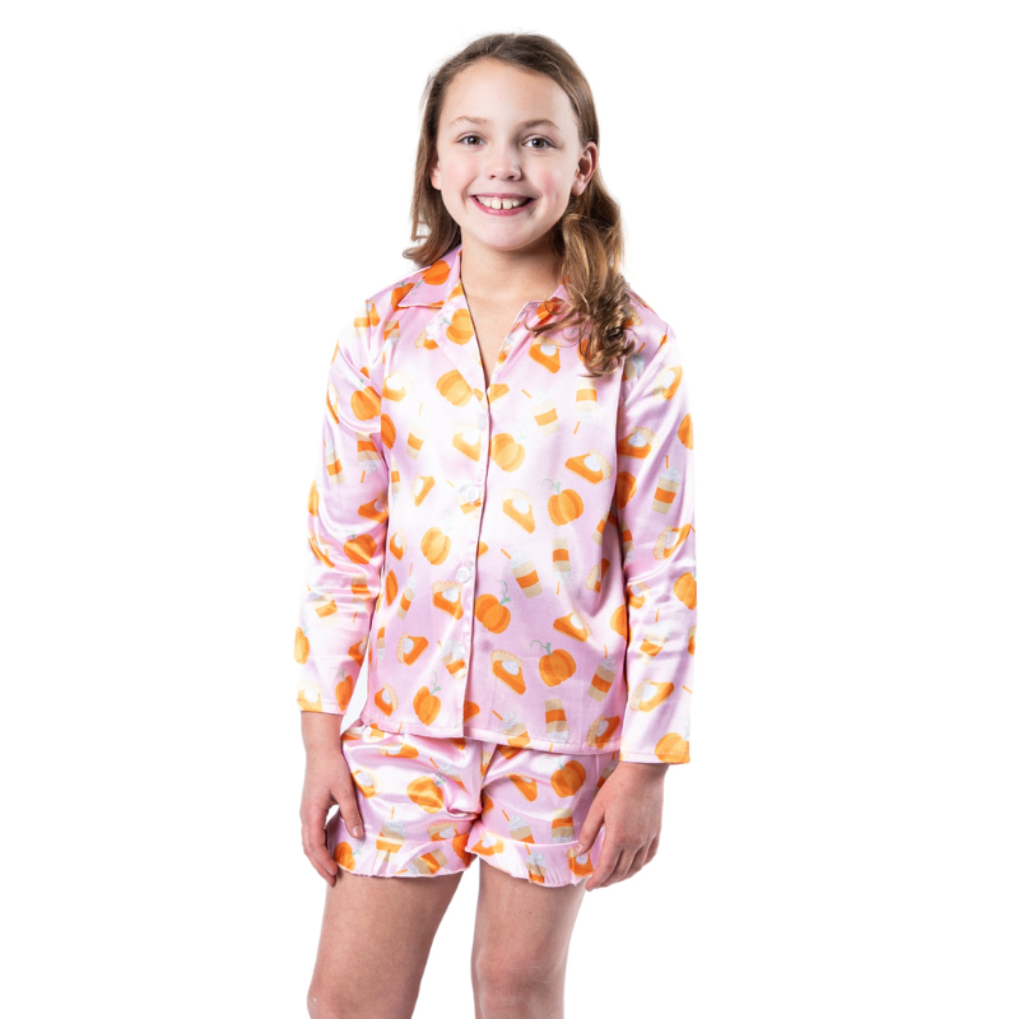 Kids Pumpkin Pie Satin Pajama Long Sleeve Short Set