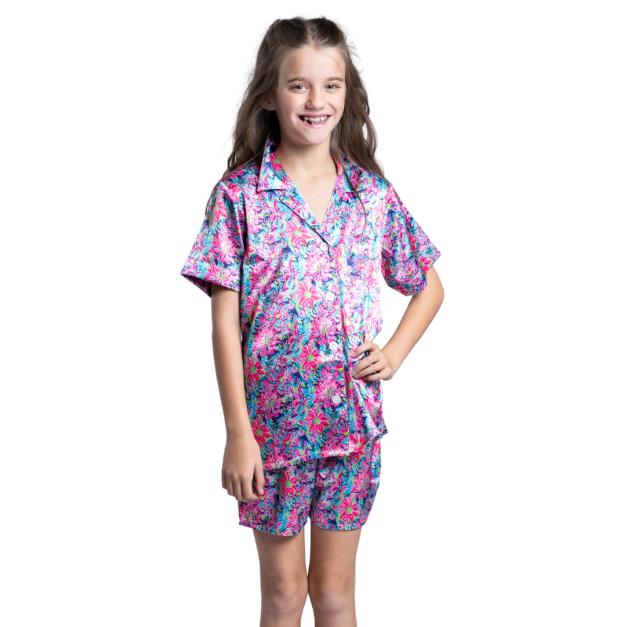 Kids Daring Floral Satin Pajama Short Set S