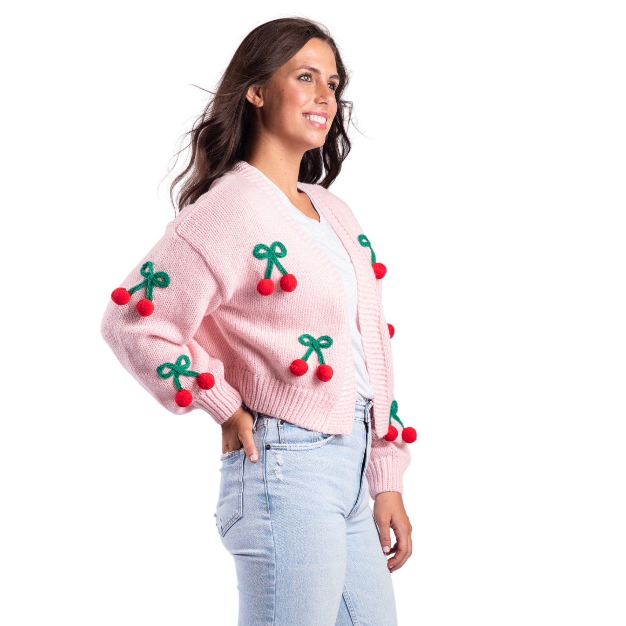 Sweet Cherry Pie Cardigan - Pink Knit with 3D Cherry Appliqués