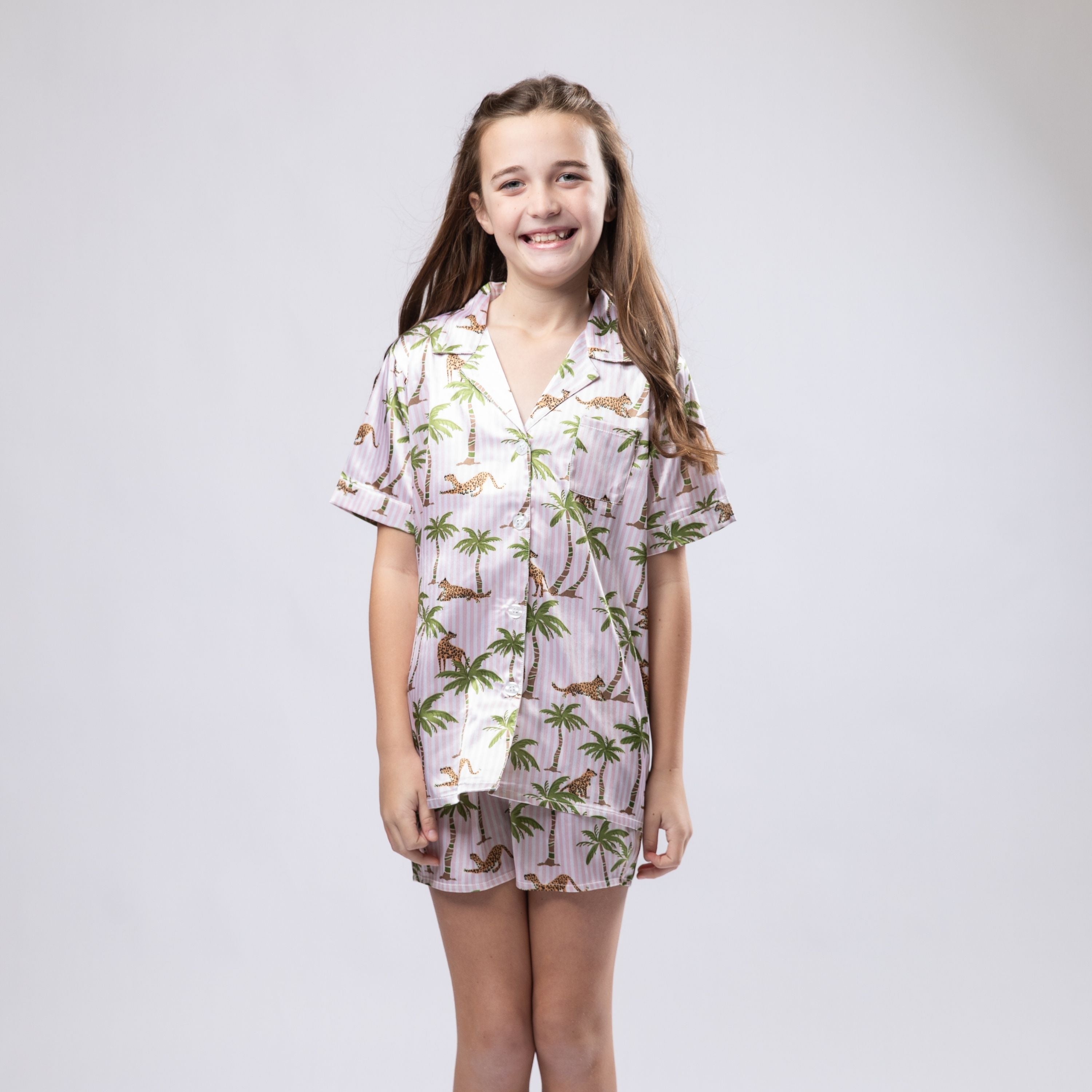 Kids Pink Jungle Palm Satin Pajama Short Set S