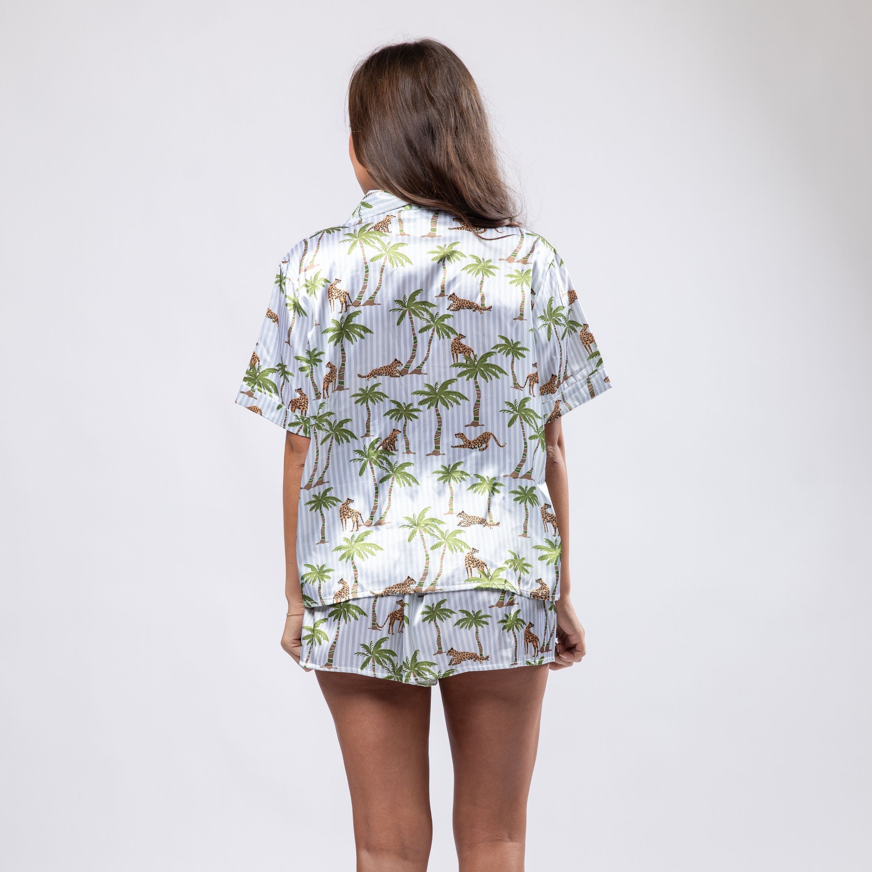 Blue Jungle Palm Satin Pajama Short Set S