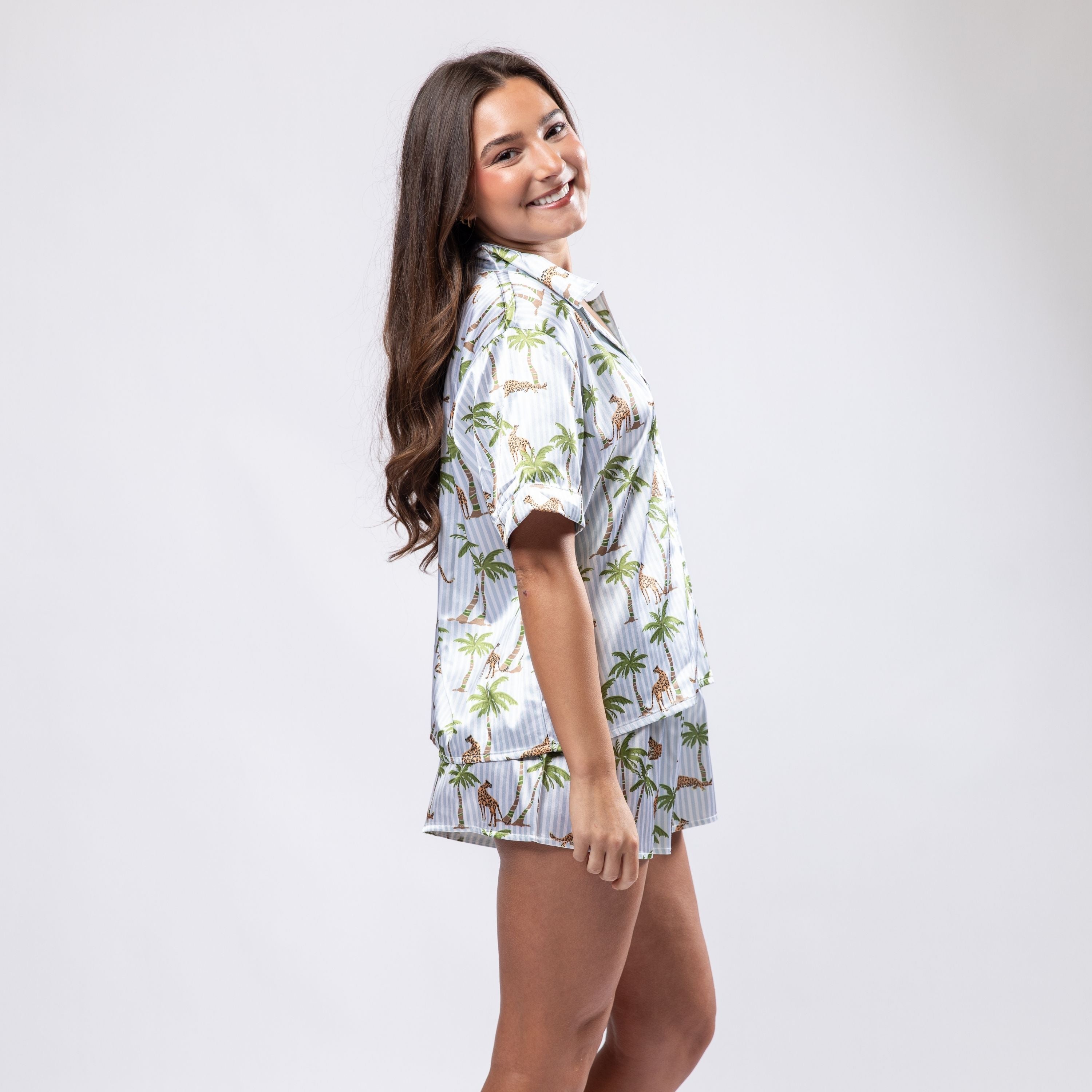 Blue Jungle Palm Satin Pajama Short Set S