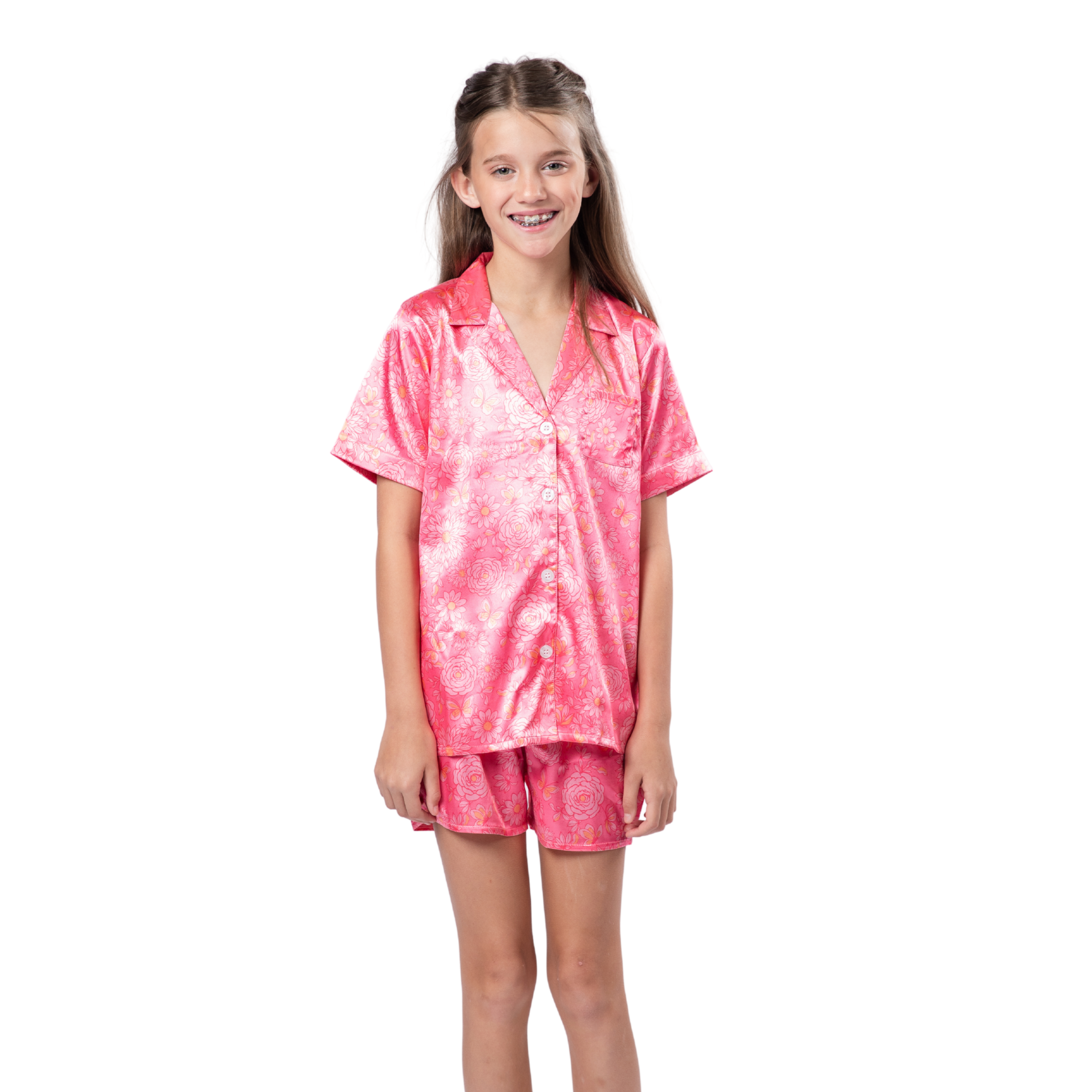 Kids Butterfly Floral Satin Pajama Short Set