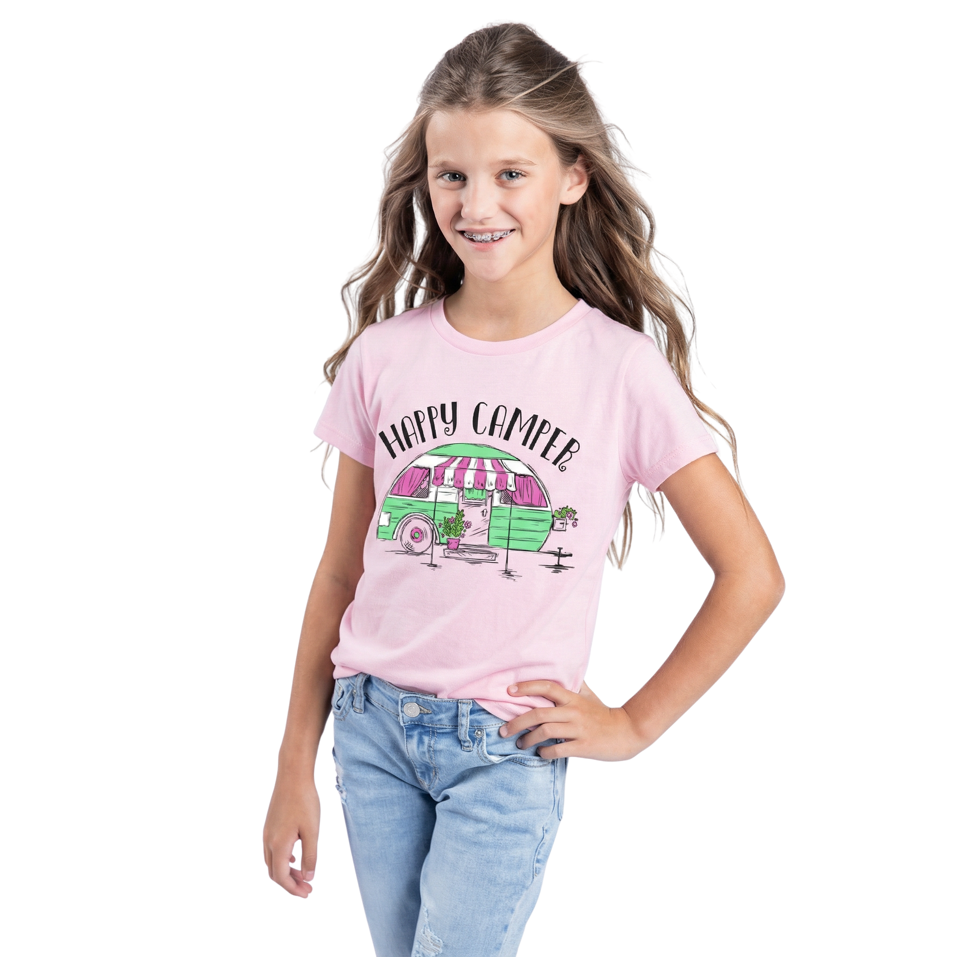 Kids Happy Camper Light Pink T-Shirt | Soft Cotton Graphic Tee