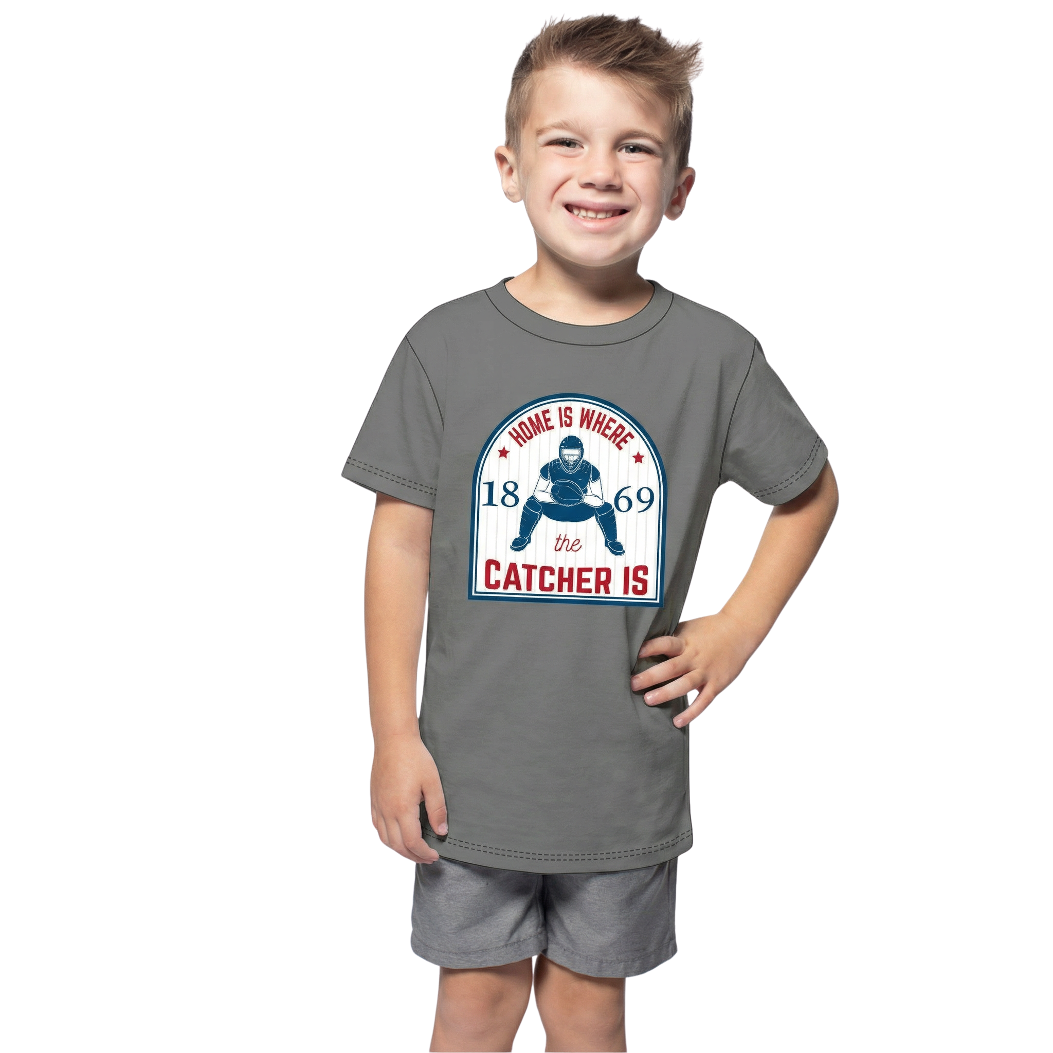 Kids Home Is Where The Catcher Is Baseball T-Shirt - Grey Crew Neck