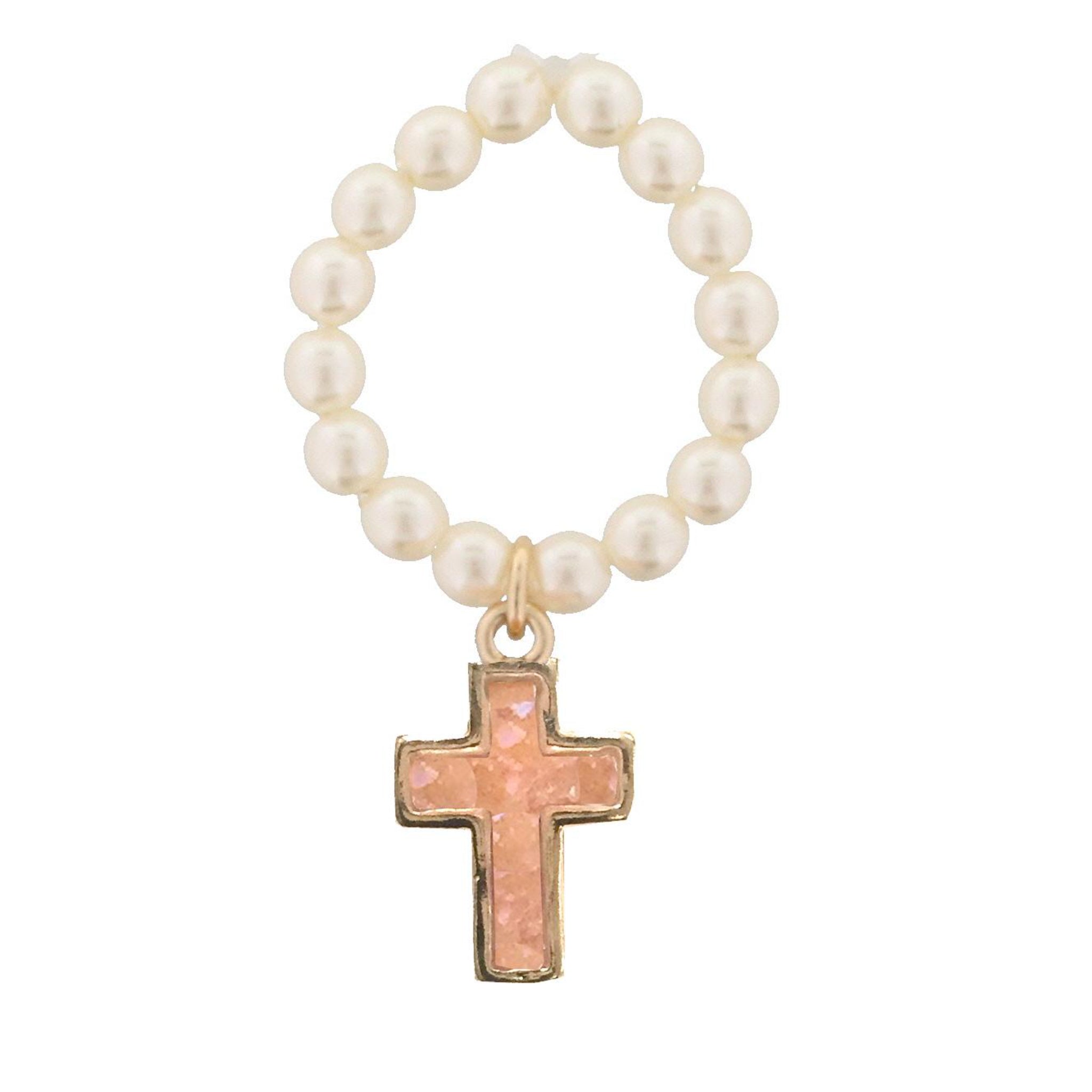 Kids Pearl Stretch Ring with Peach Cross Druzy