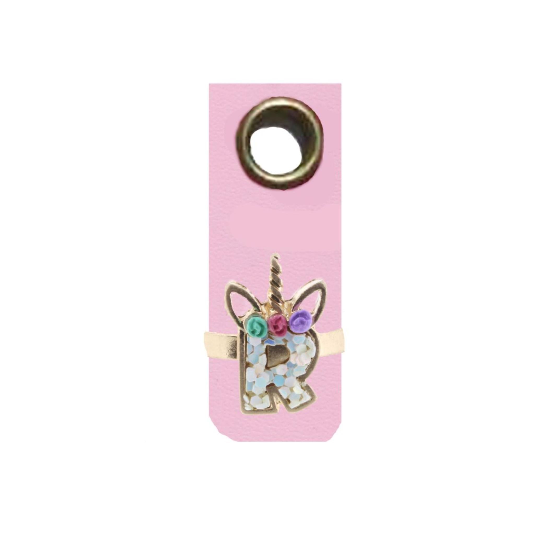 Kids Unicorn AB White Glitter Initial Ring, "R"