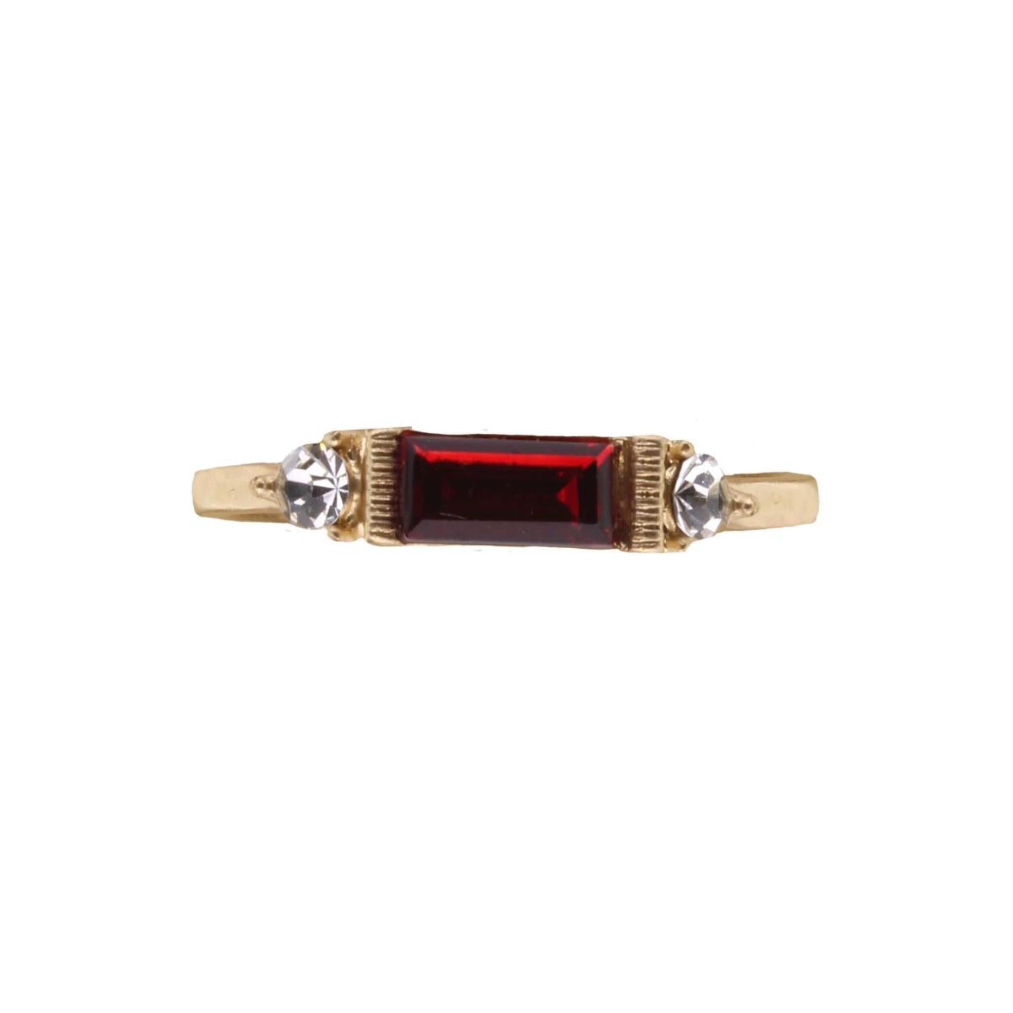 Gold Band with Ruby Crystal Bar and Clear Circular Crystals Ring