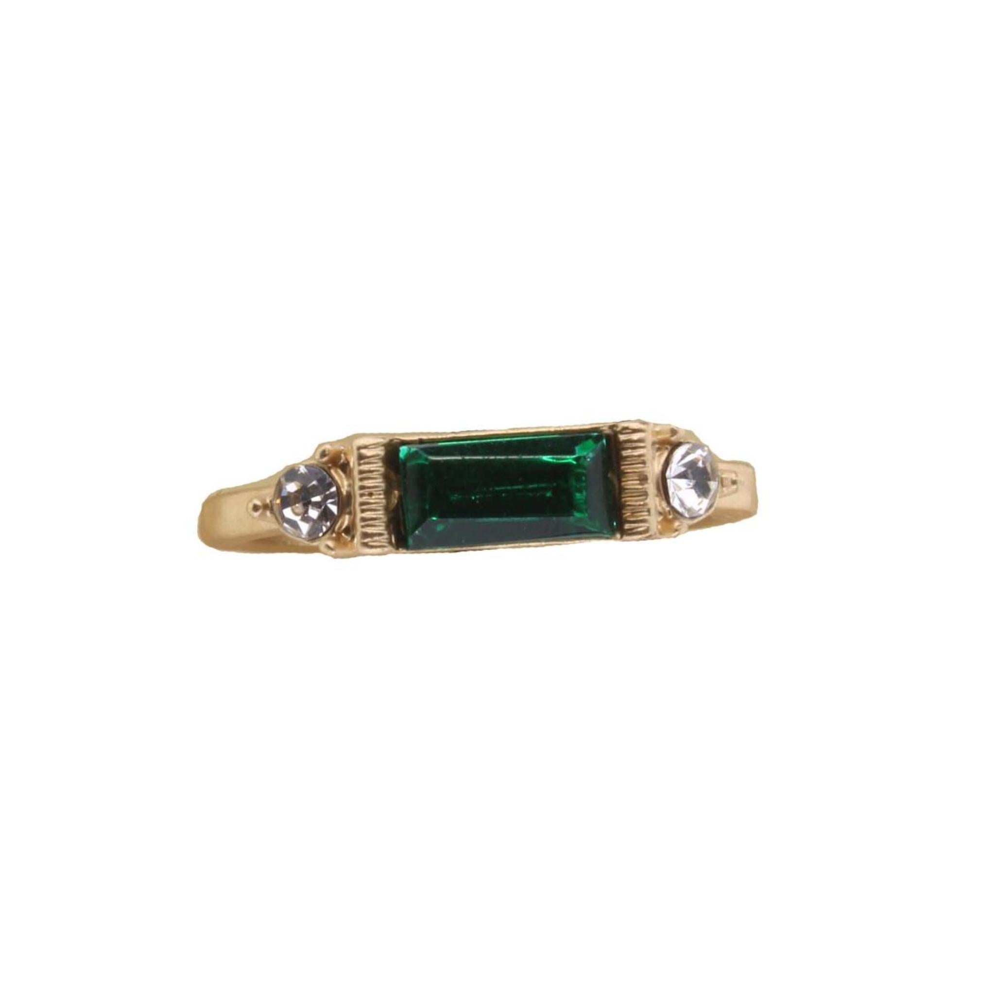 Gold Band with Emerald Crystal Bar and Clear Circular Crystals Ring