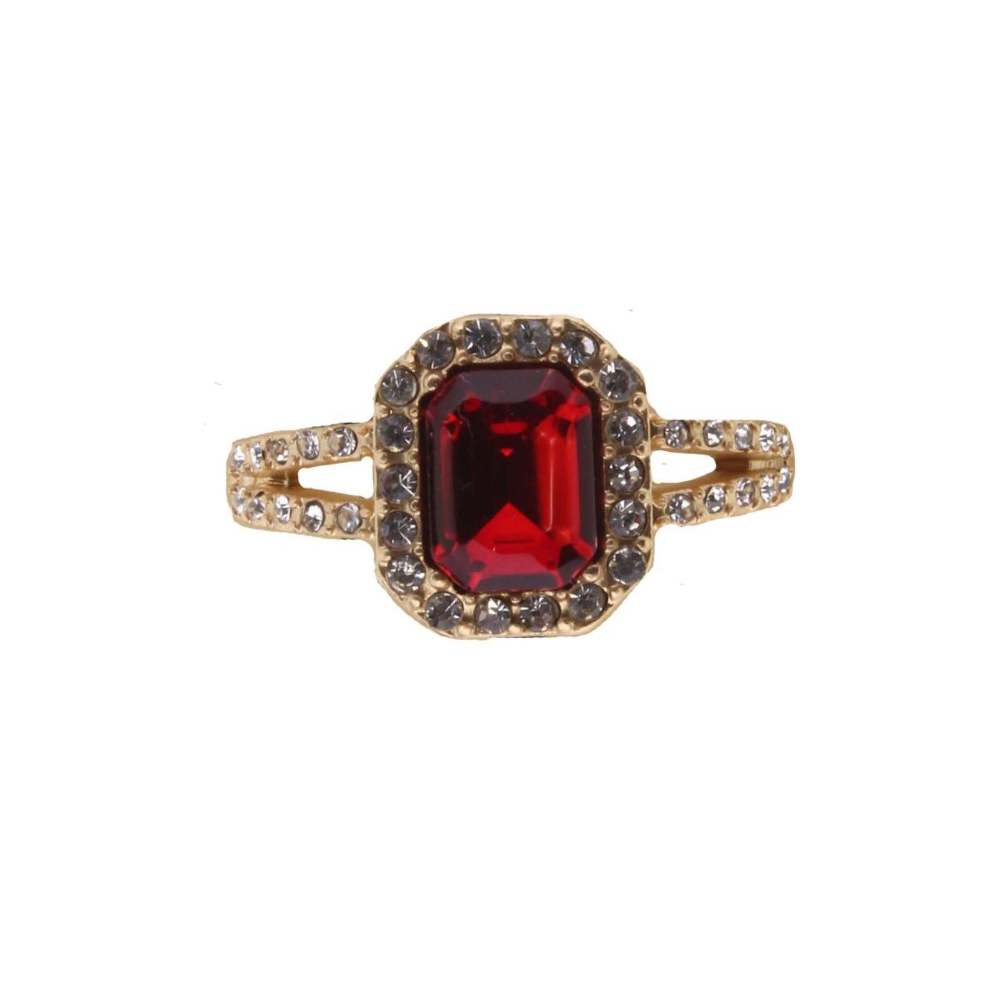 Gold Band with Ruby Crystal Bar and Clear Circular Crystals Ring