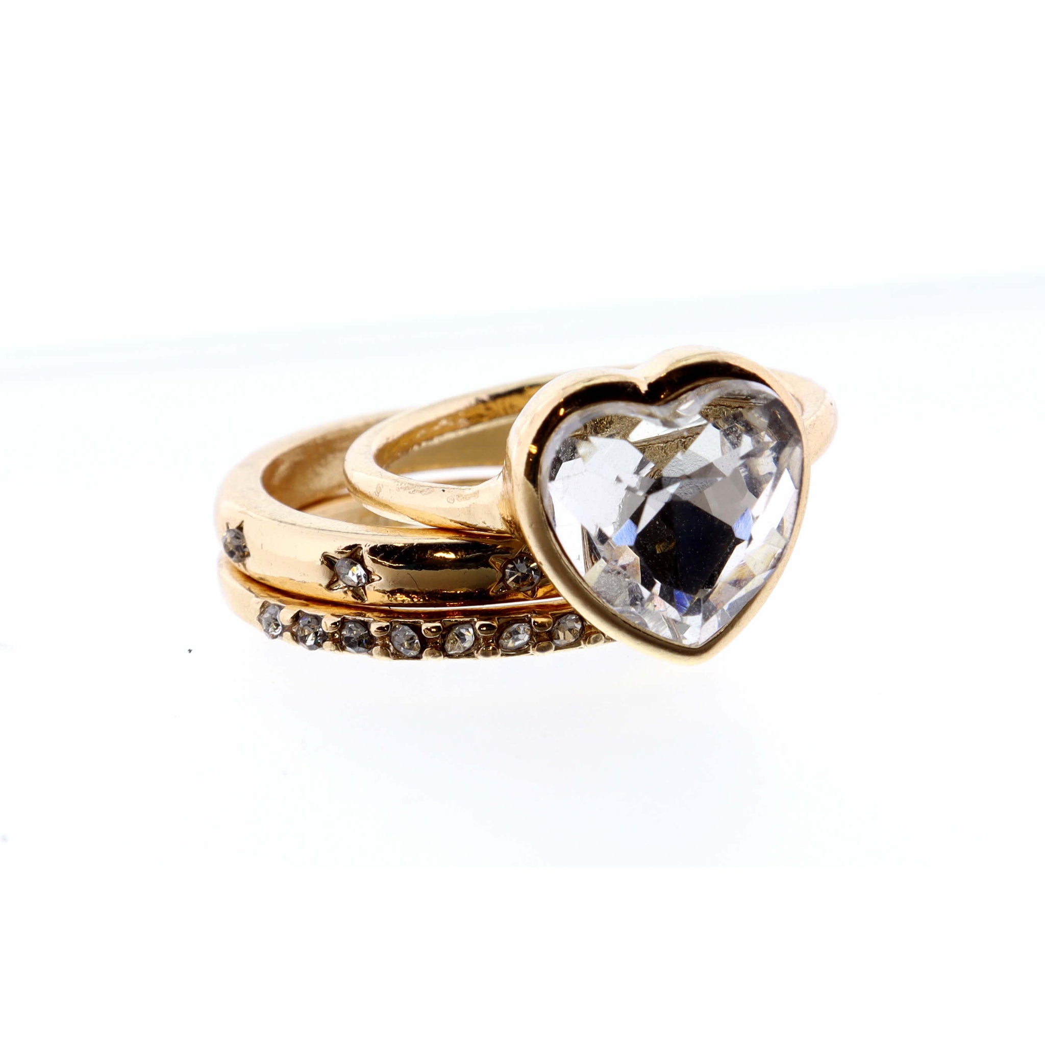 Set of 3, Clear Heart and Clear Crystal & Gold Bands Ring