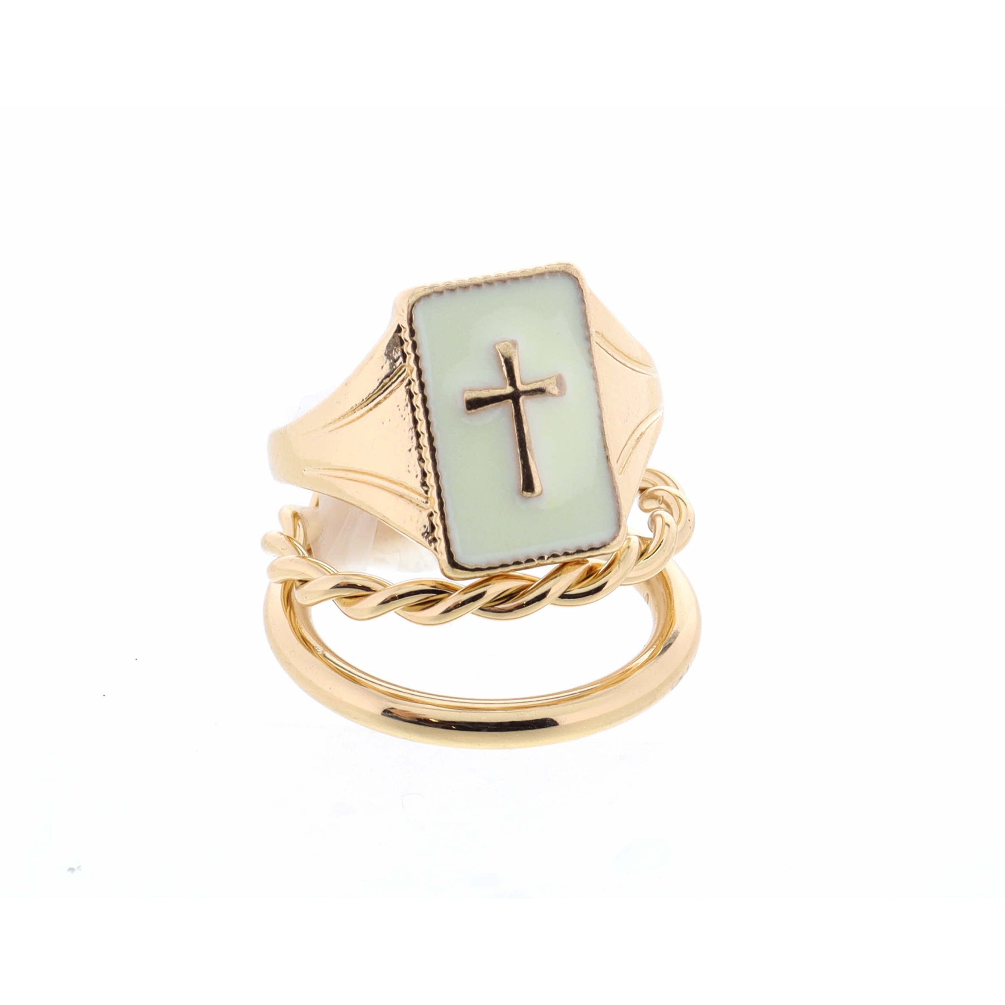 Stack of 2, Cross on Ivory Rectangle & Two Layer Gold Ring