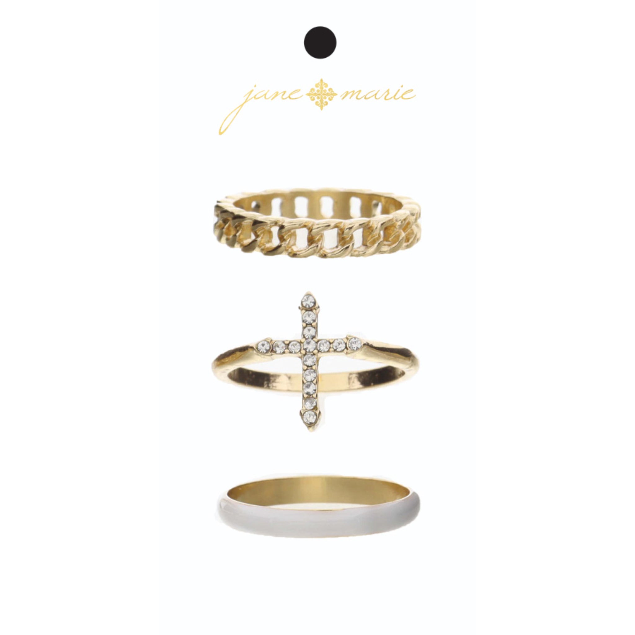 Set of 3, Gold Chain Band, Crystal Cross Gold Band, White Enamel Band Ring