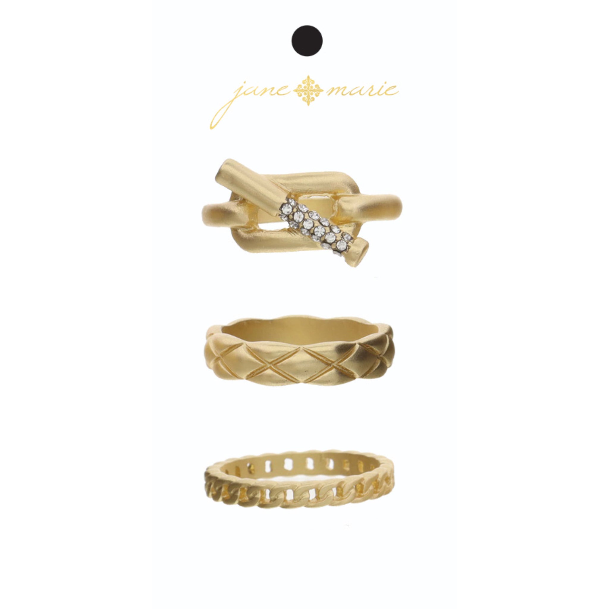 Set of 3, Crystal Embellished Faux Toggle Gold Band, Gold Quilted Band, Gold Chain Band Ring