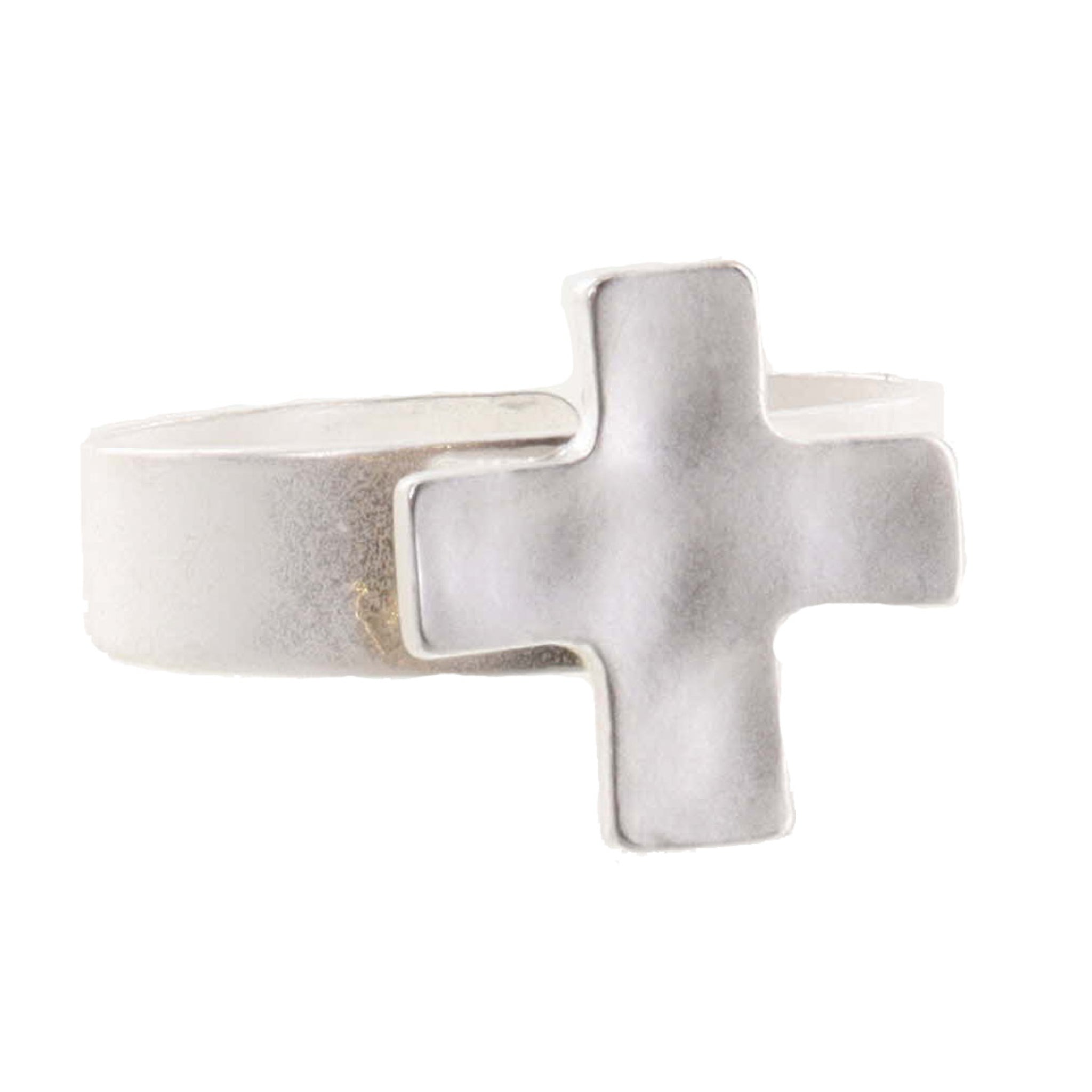Kids Silver Hammered Square Cross on Thick Silver Band Ring