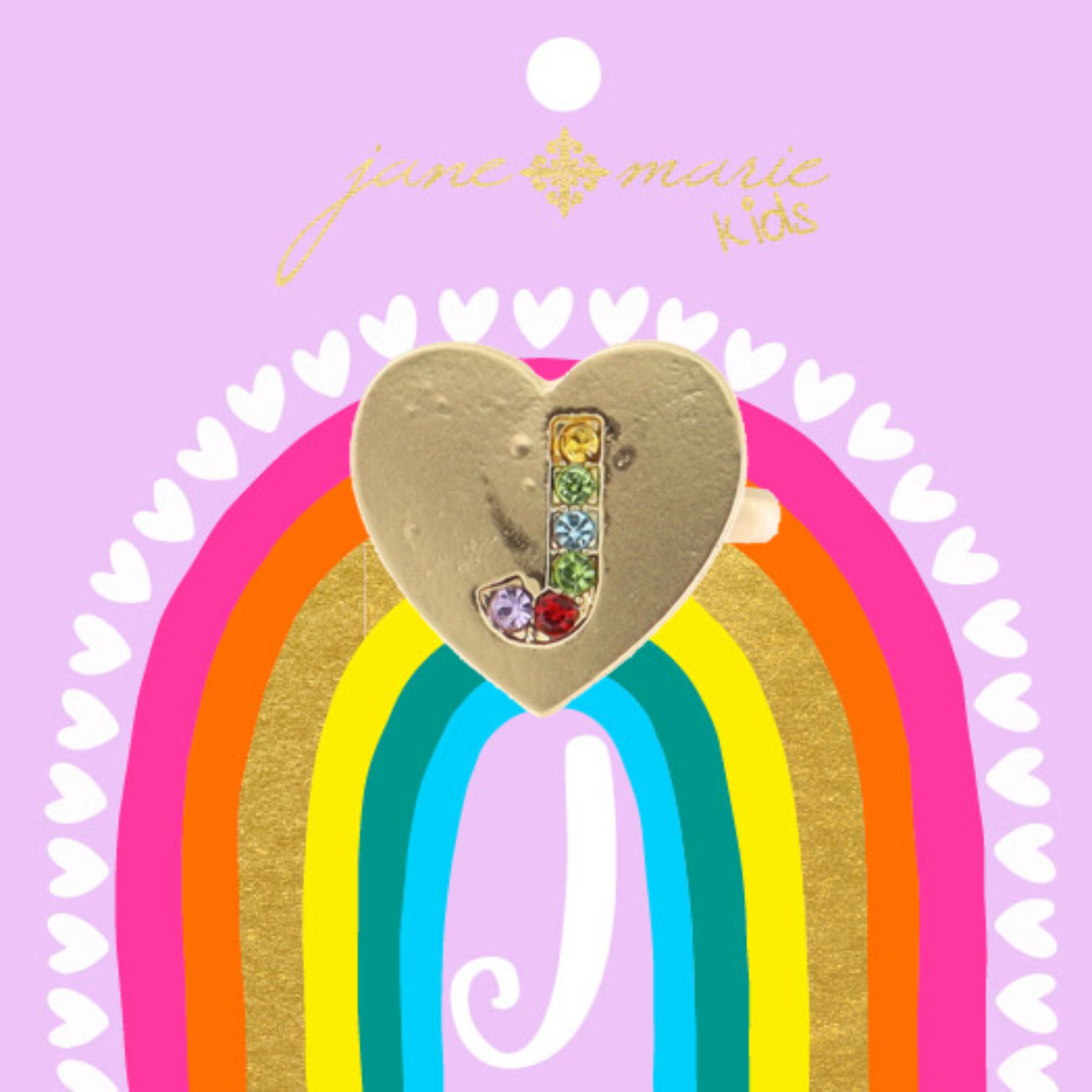 Kids Multi Color Crystal "J" on Gold Heart Ring