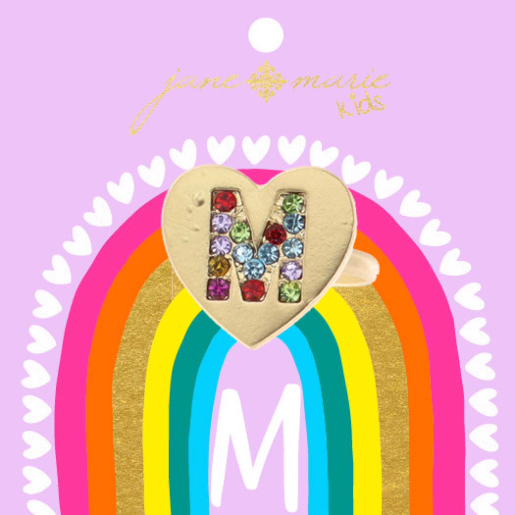 Kids Multi Color Crystal "M" on Gold Heart Ring