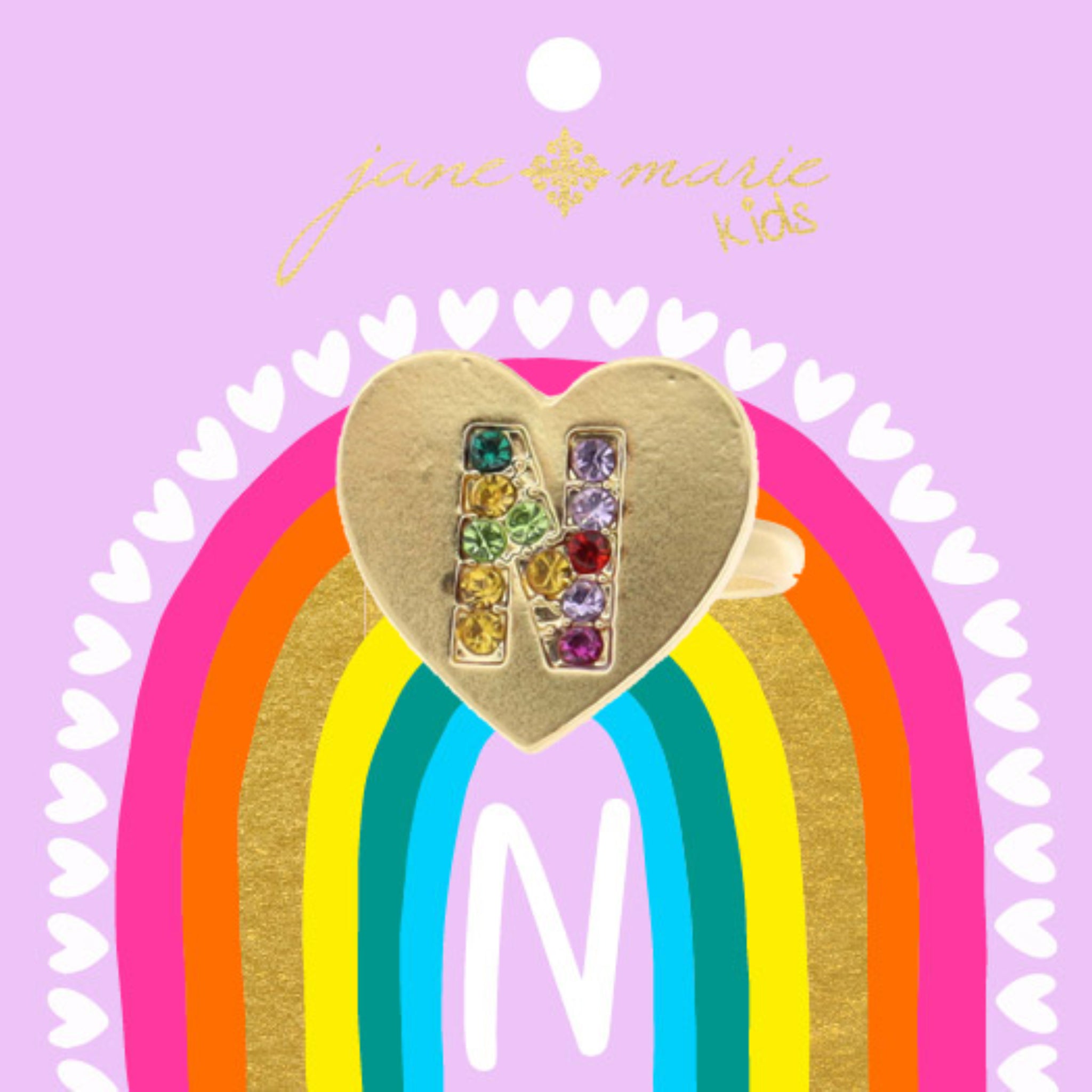 Kids Multi Color Crystal "N" on Gold Heart Ring