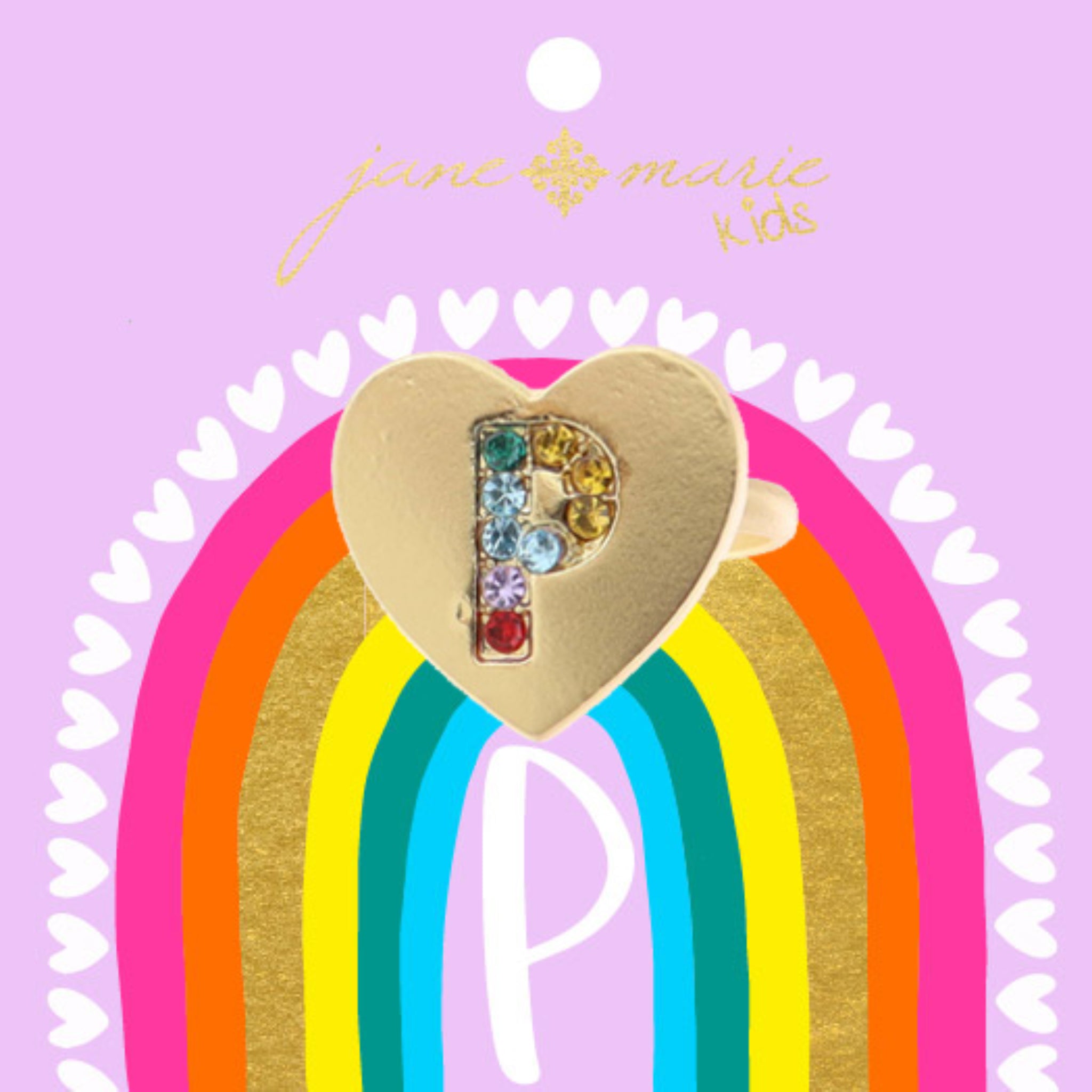 Kids Multi Color Crystal "P" on Gold Heart Ring