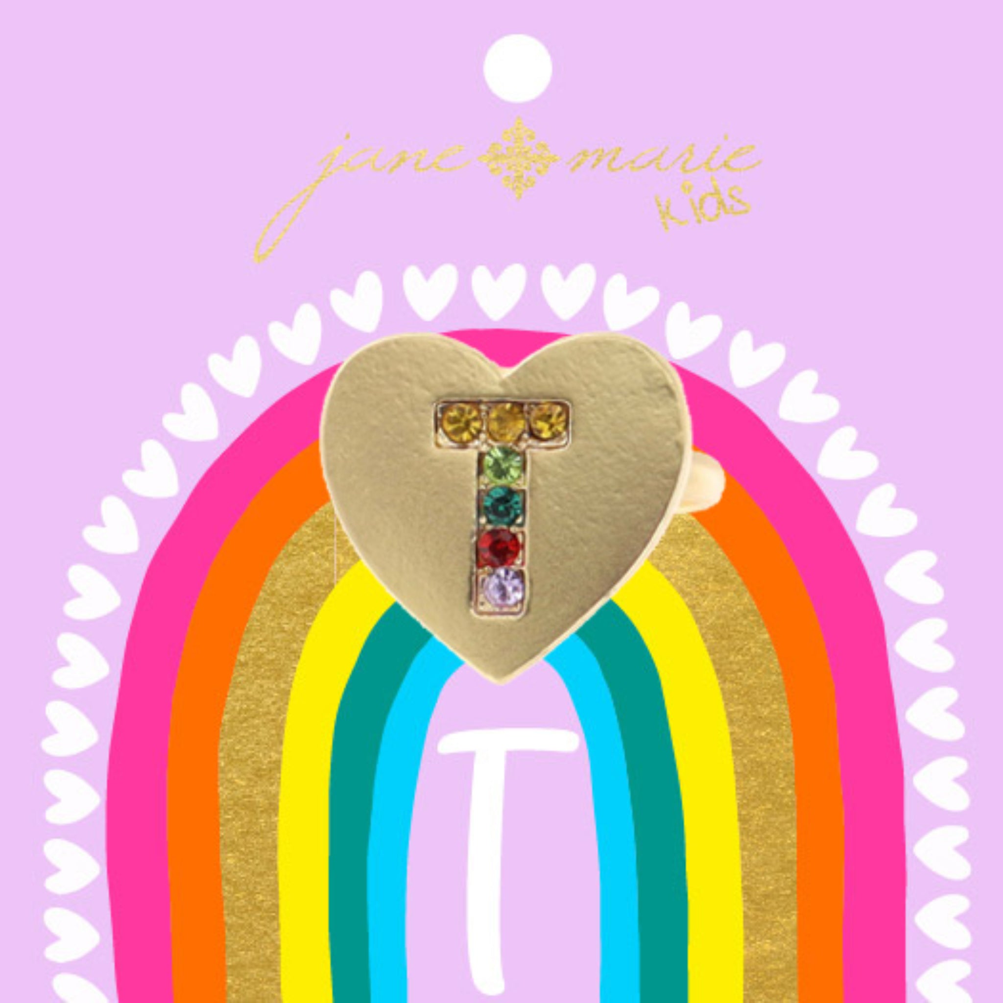 Kids Multi Color Crystal "T" on Gold Heart Ring